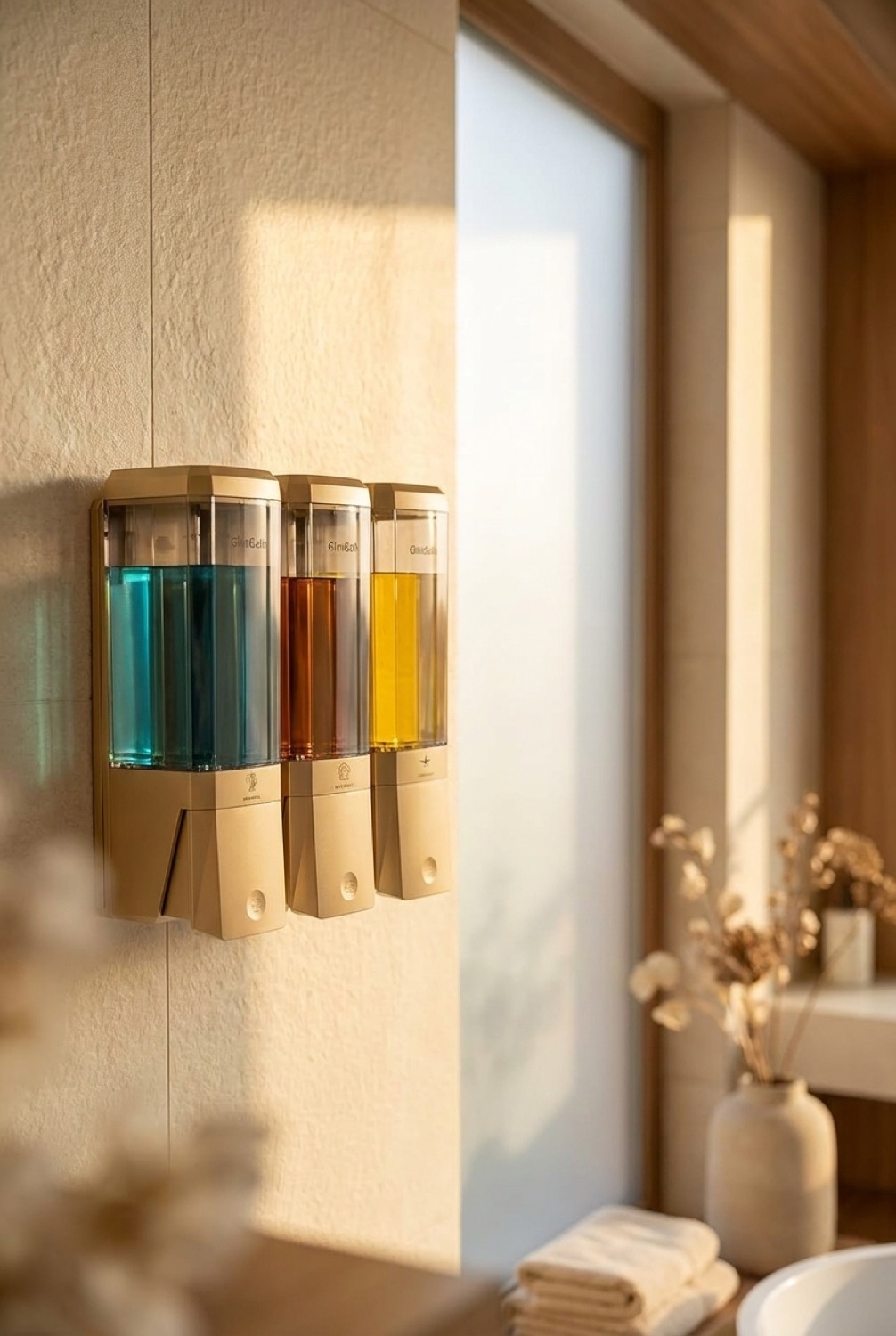 3-Chamber Shower Dispenser in a serene minimalist bathroom in soft golden-hour light