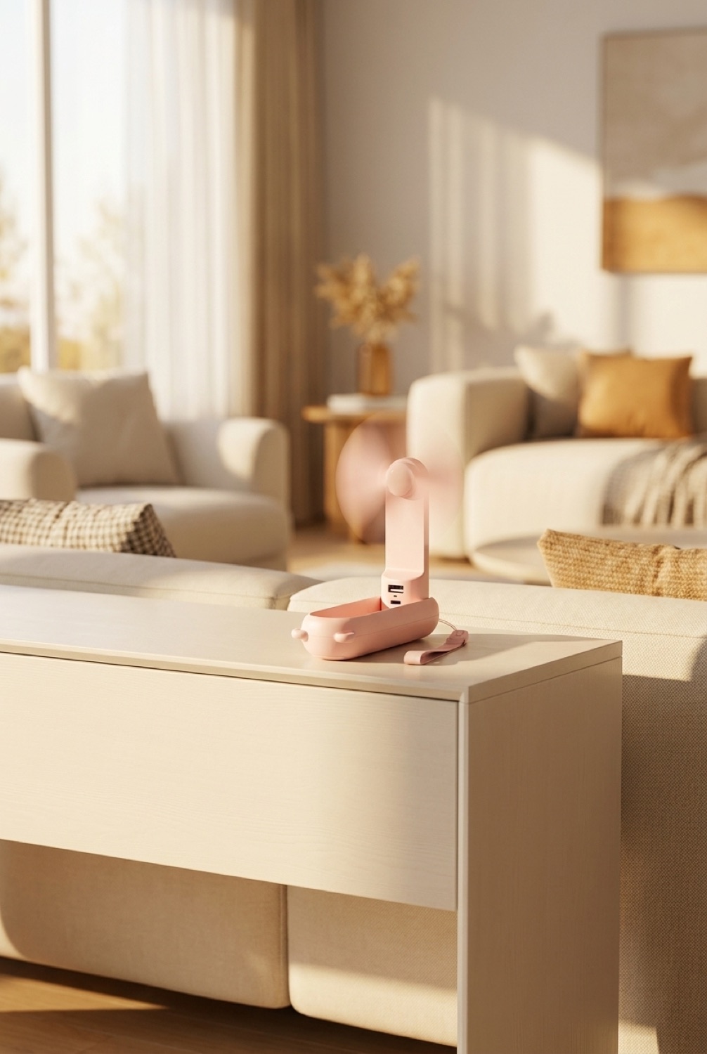 3-in-1 handheld fan on a clean modern console in soft golden-hour light