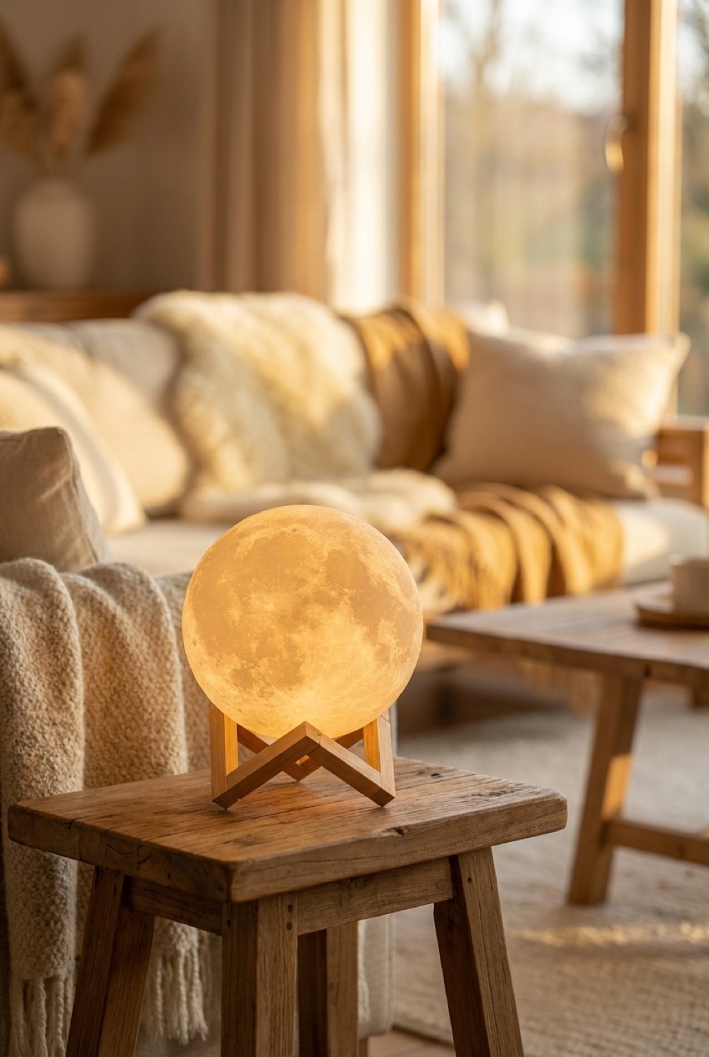 3D moon lamp in a warm cosy living room in soft golden-hour light