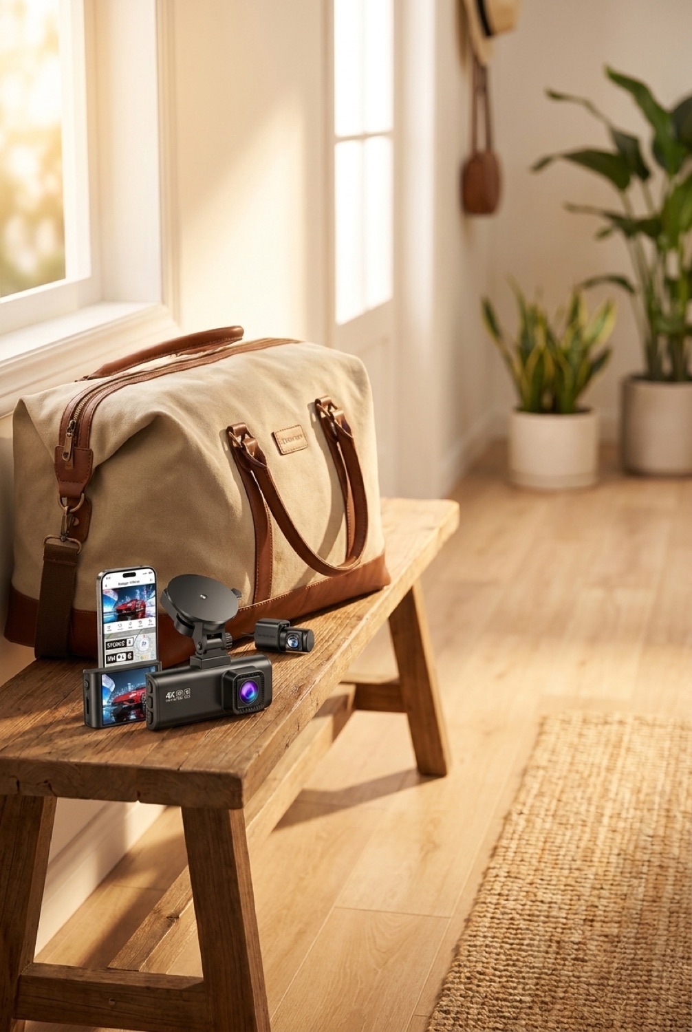 4K dash cam beside a packed bag in a bright entryway in soft golden-hour light