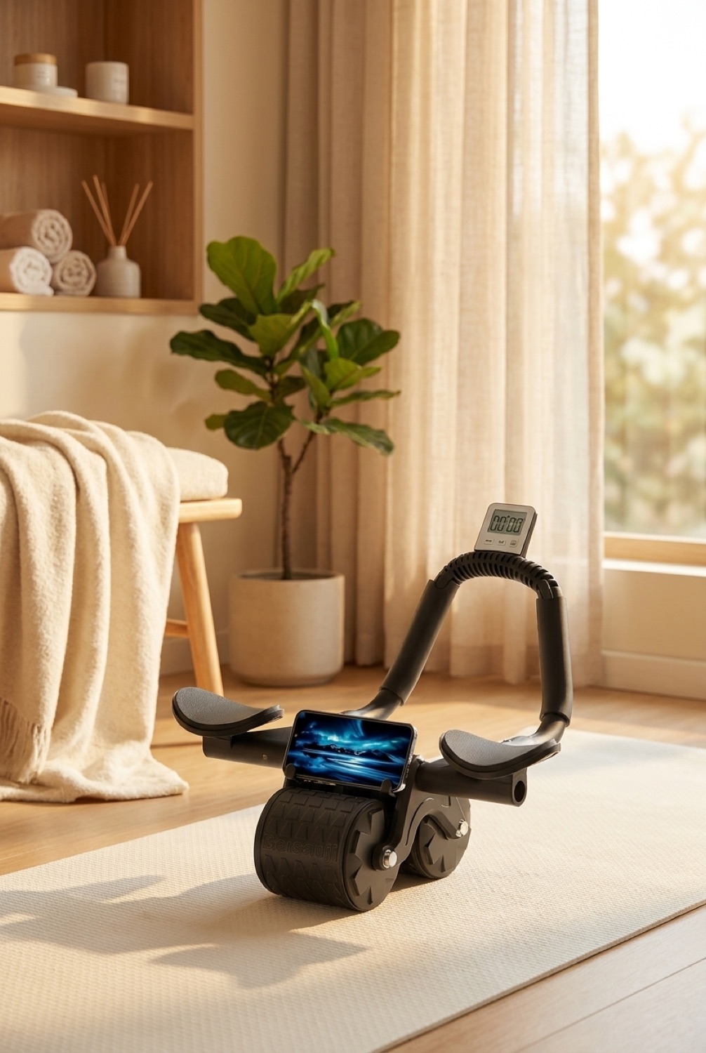 ab roller wheel in a calm wellness corner in soft golden-hour light
