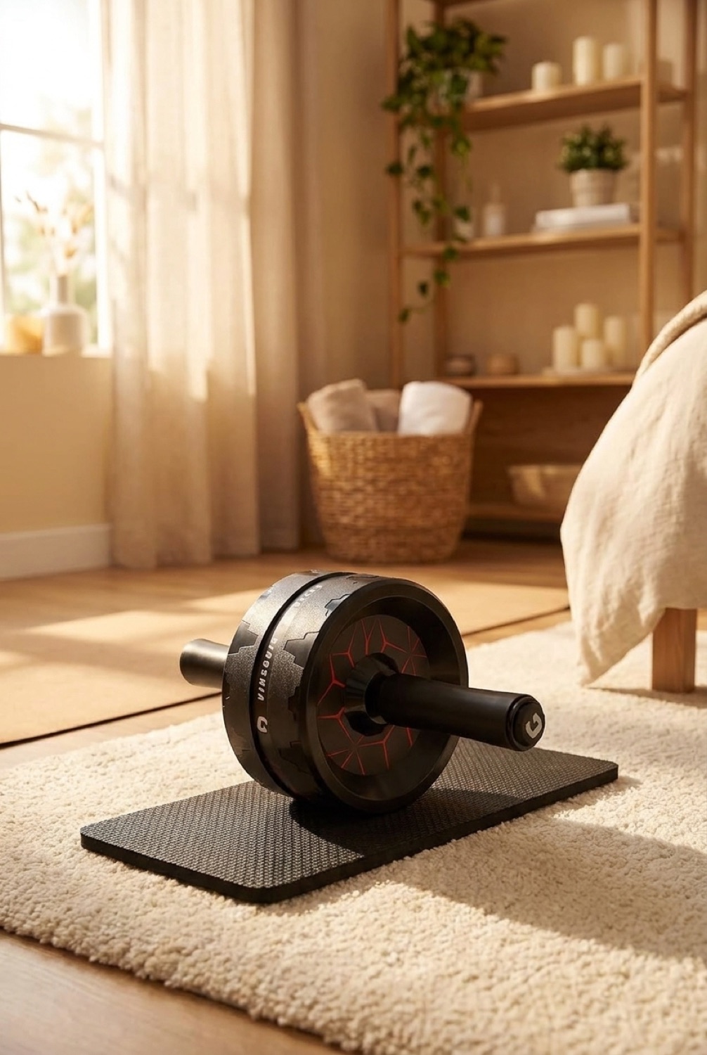 Ab Roller Wheel in a restful wellness space in soft golden-hour light