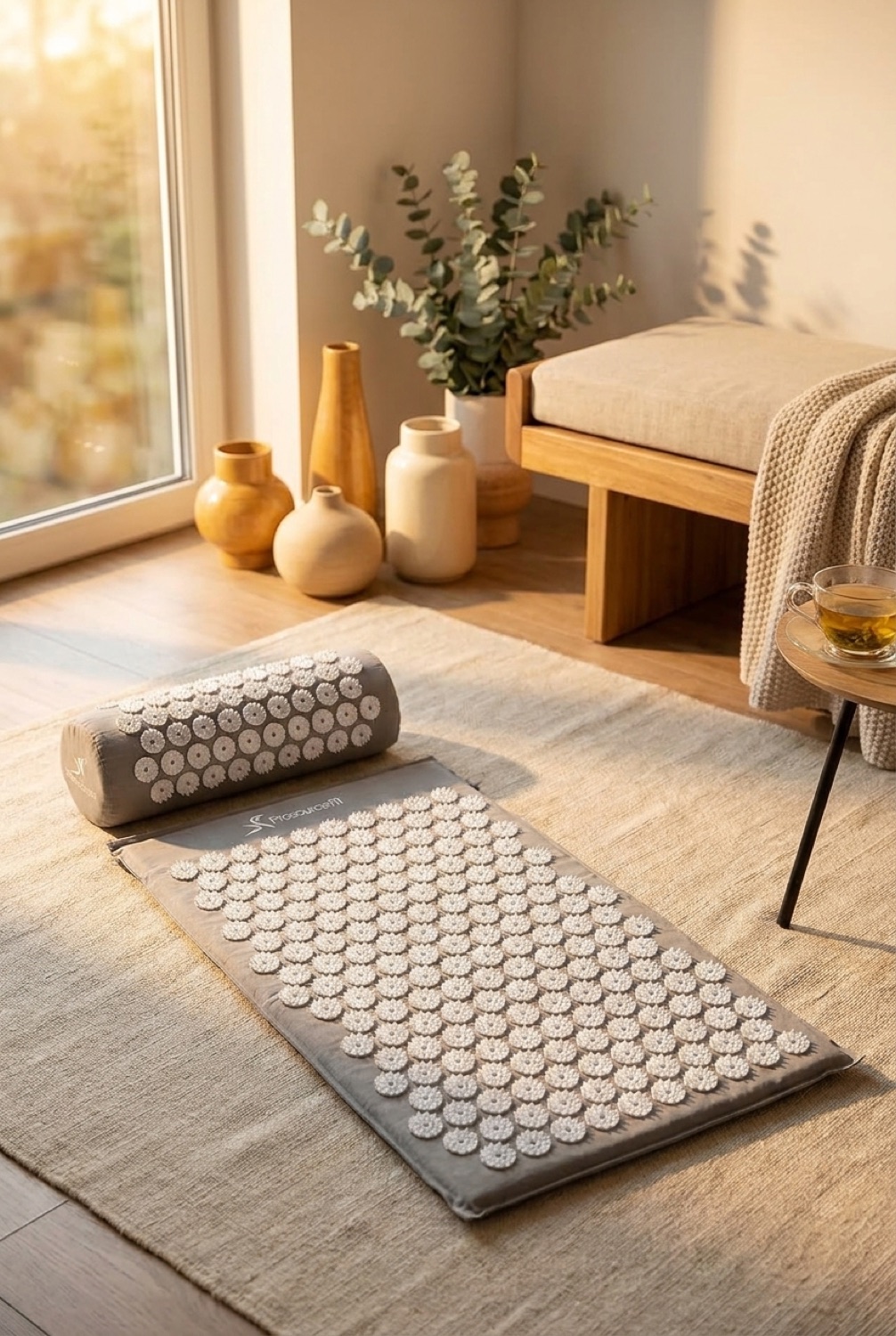 acupressure mat in a calm wellness corner in soft golden-hour light