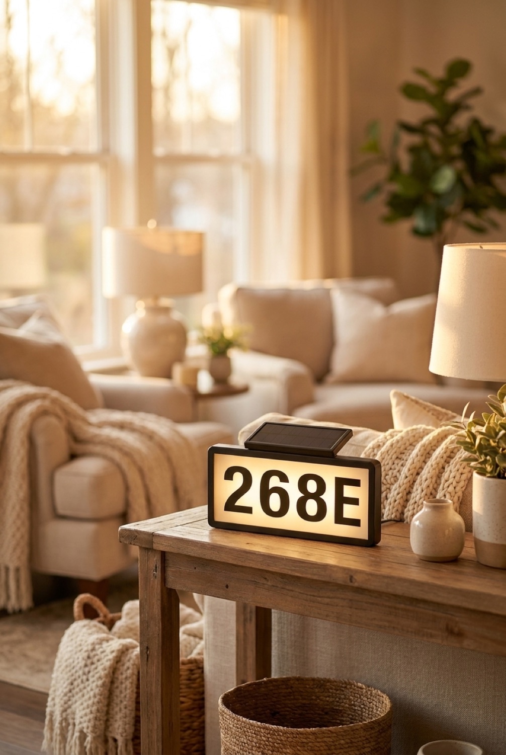 address sign in a warm cosy living room in soft golden-hour light