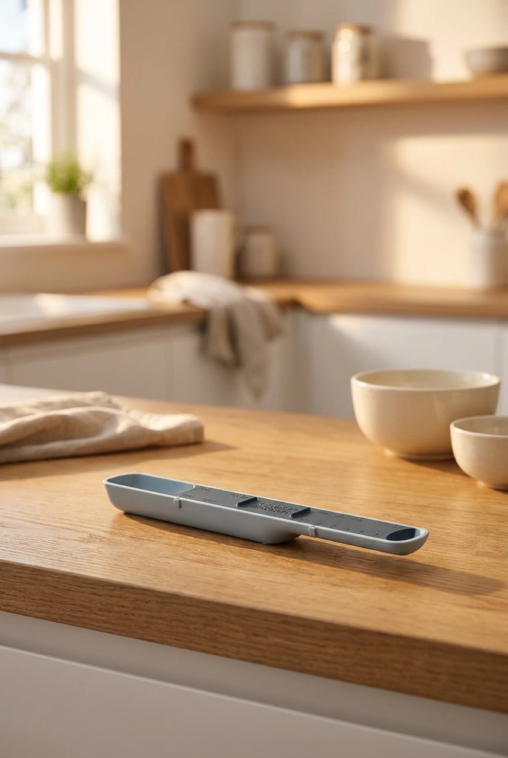 adjustable measuring spoon on a warm oak kitchen counter in soft golden-hour light
