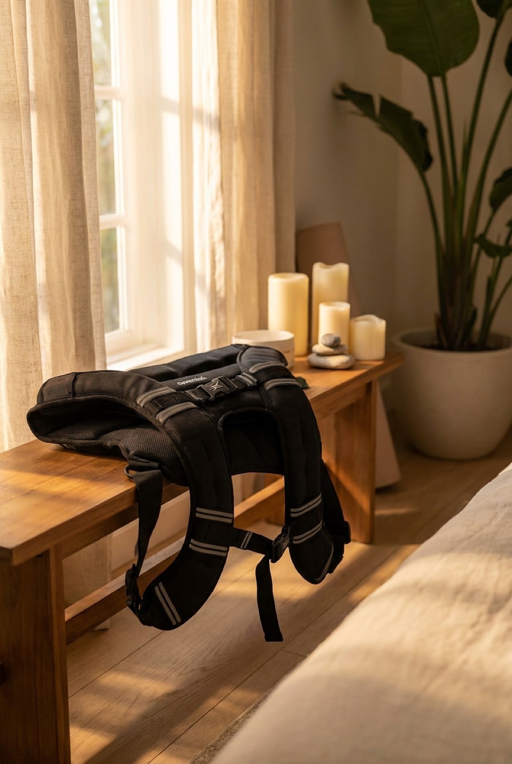 Adjustable Weighted Vest in a restful wellness space in soft golden-hour light