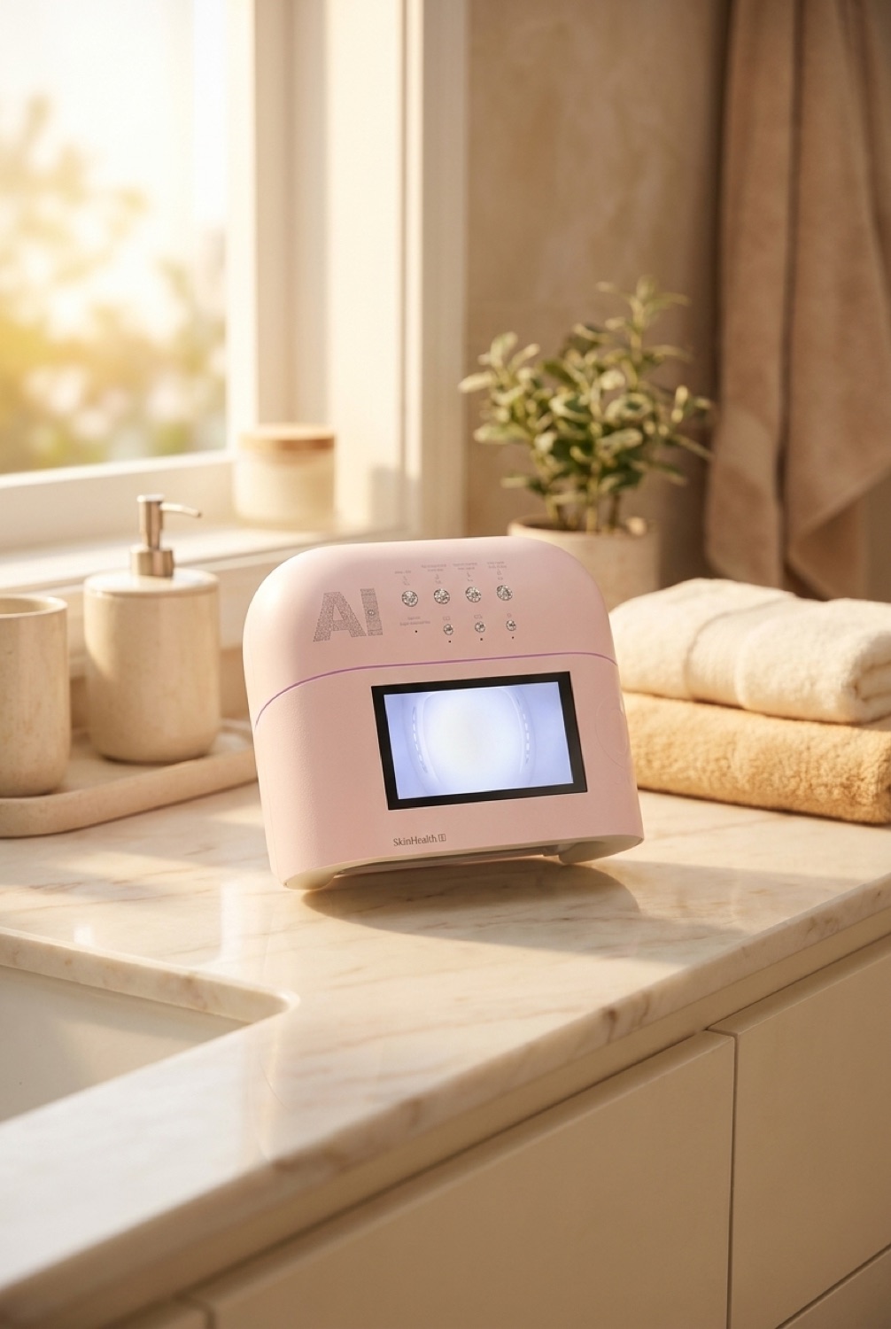 AI nail lamp on a calm bathroom vanity in soft golden-hour light