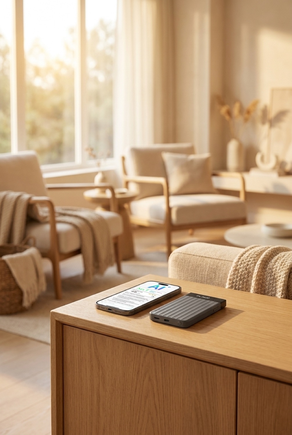 AI voice recorder on a clean modern console in soft golden-hour light