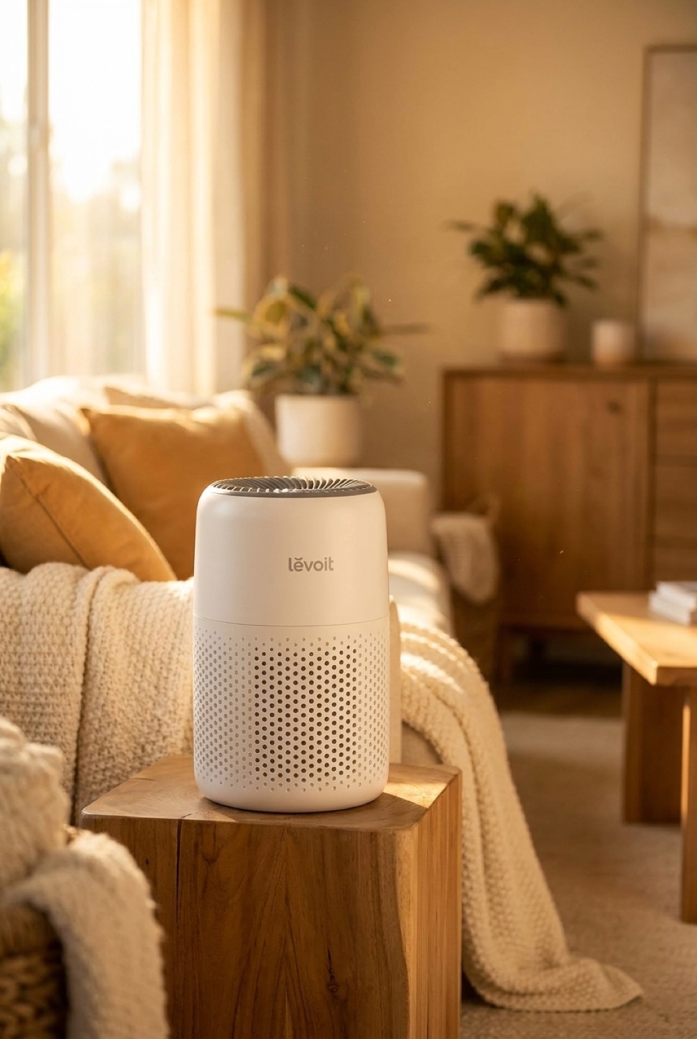air purifier in a warm cosy living room in soft golden-hour light