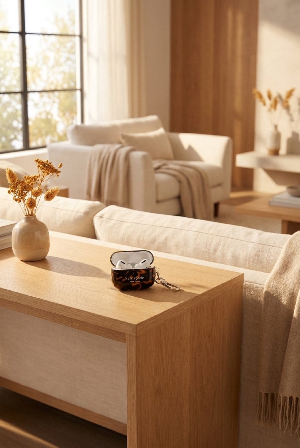 Airpods Case in a calm modern living room in soft golden-hour light