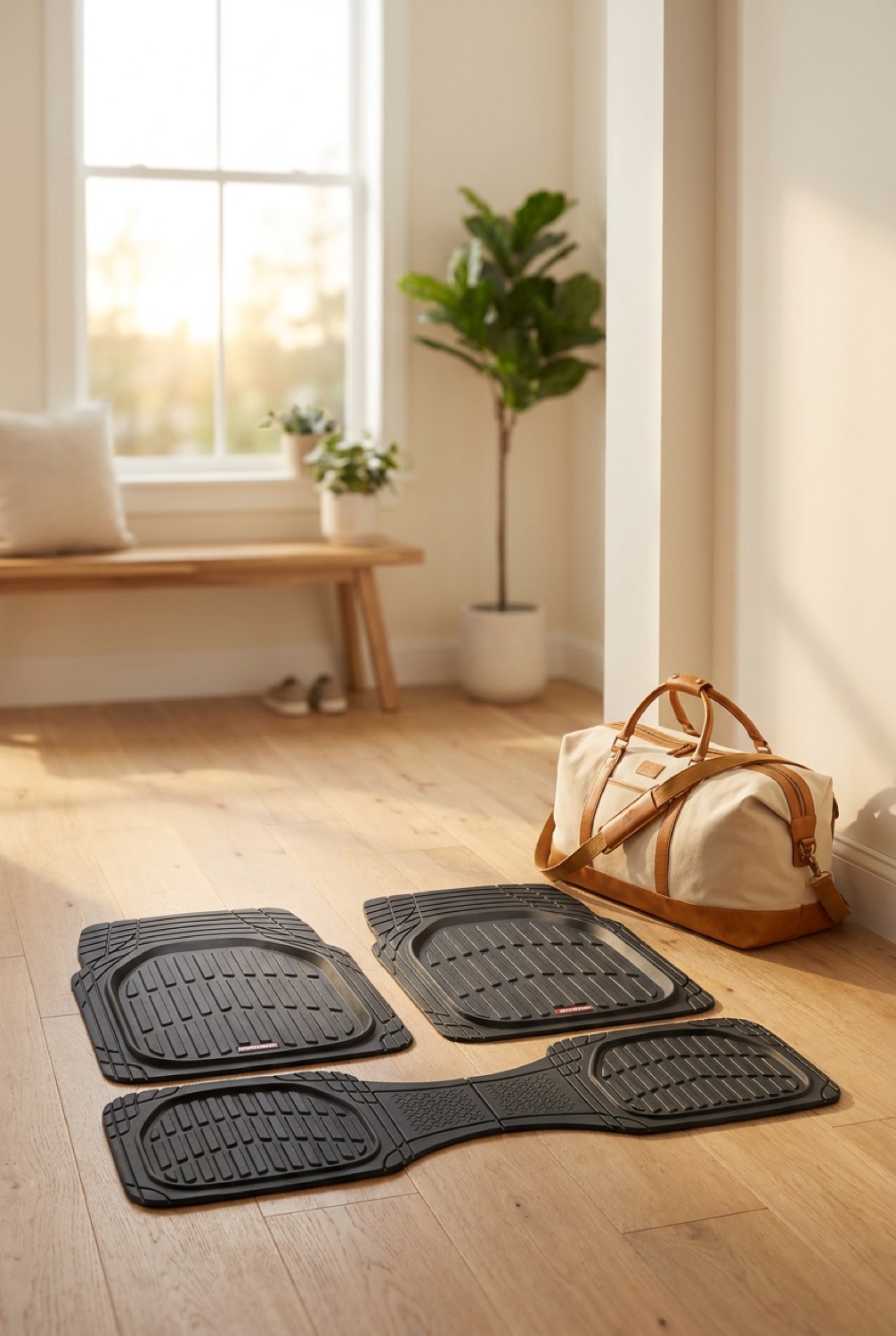 all-weather car floor mats beside a packed bag in a bright entryway in soft golden-hour light