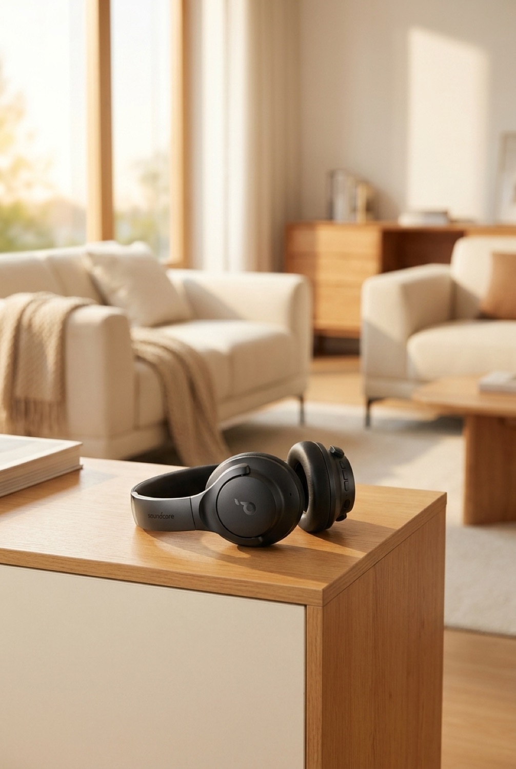 ANC headphones on a clean modern console in soft golden-hour light