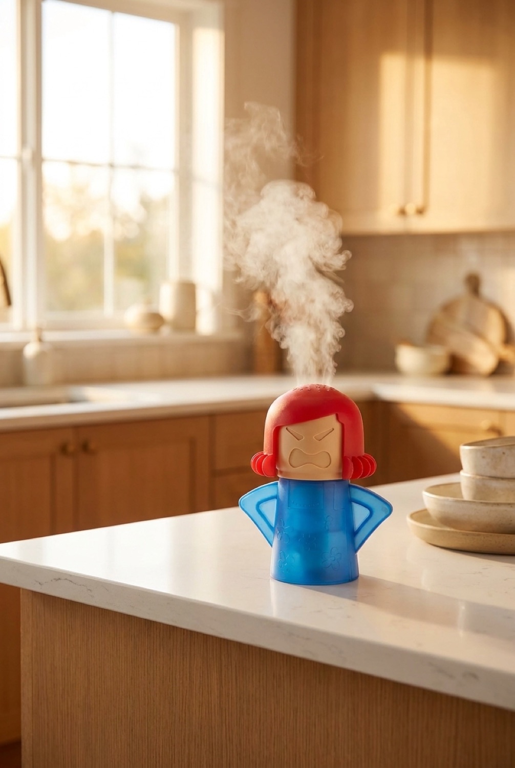 Angry Mama steam cleaner in a bright spotless home in soft golden-hour light