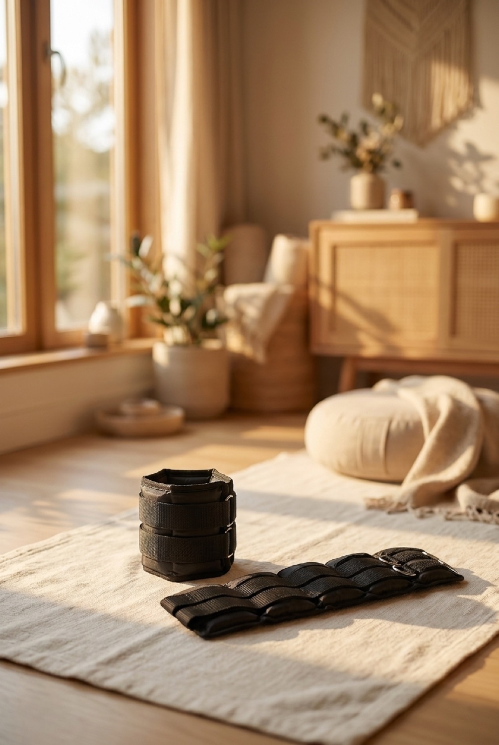 ankle weights in a calm wellness corner in soft golden-hour light