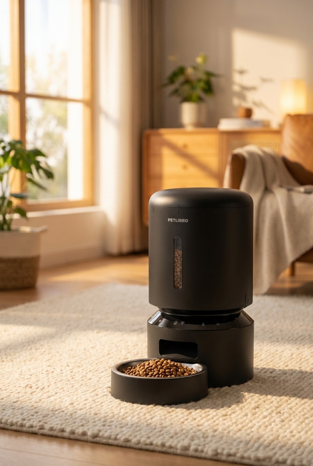 automatic pet feeder in a cosy home pet corner in soft golden-hour light