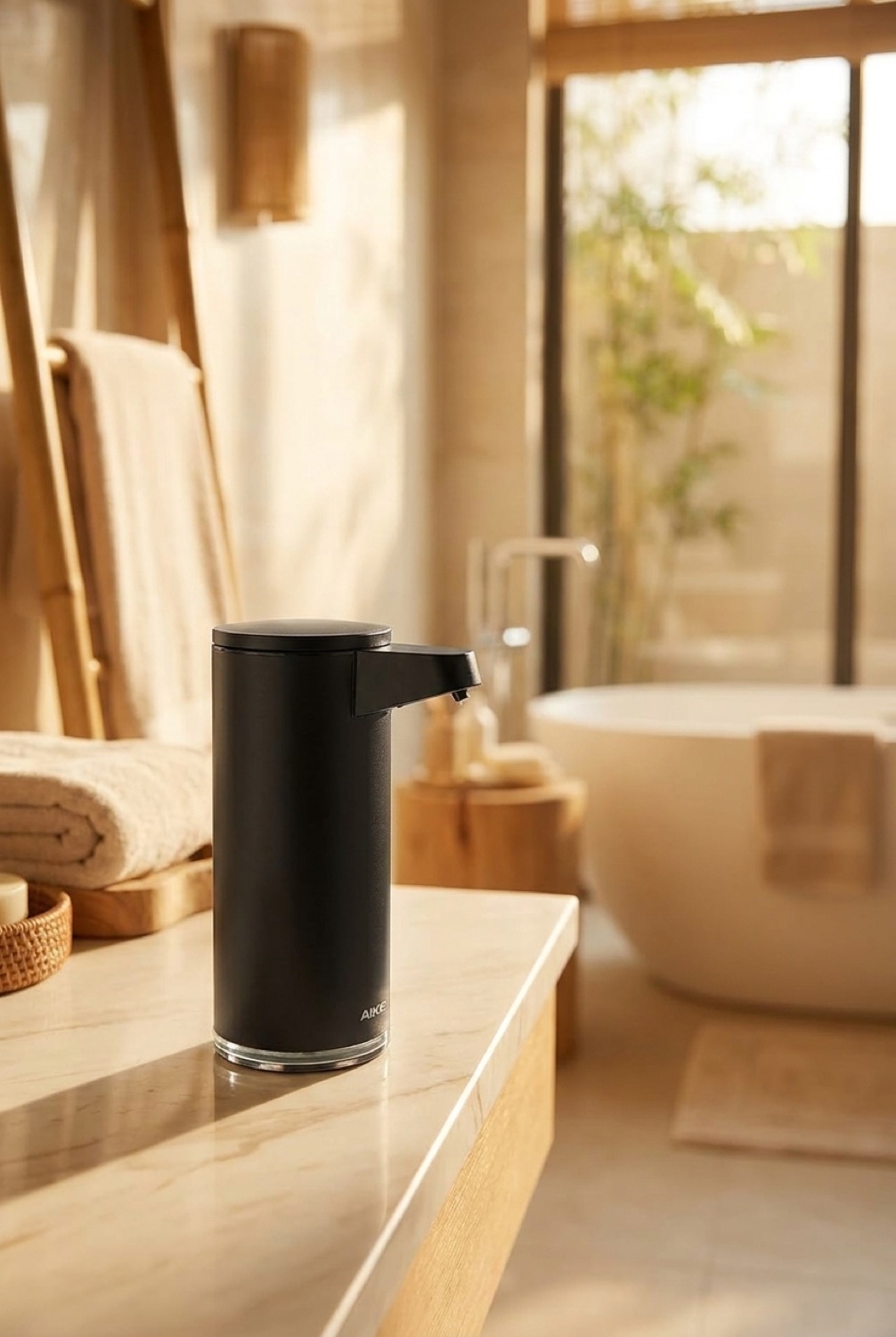automatic soap dispenser in a serene spa-like bathroom in soft golden-hour light