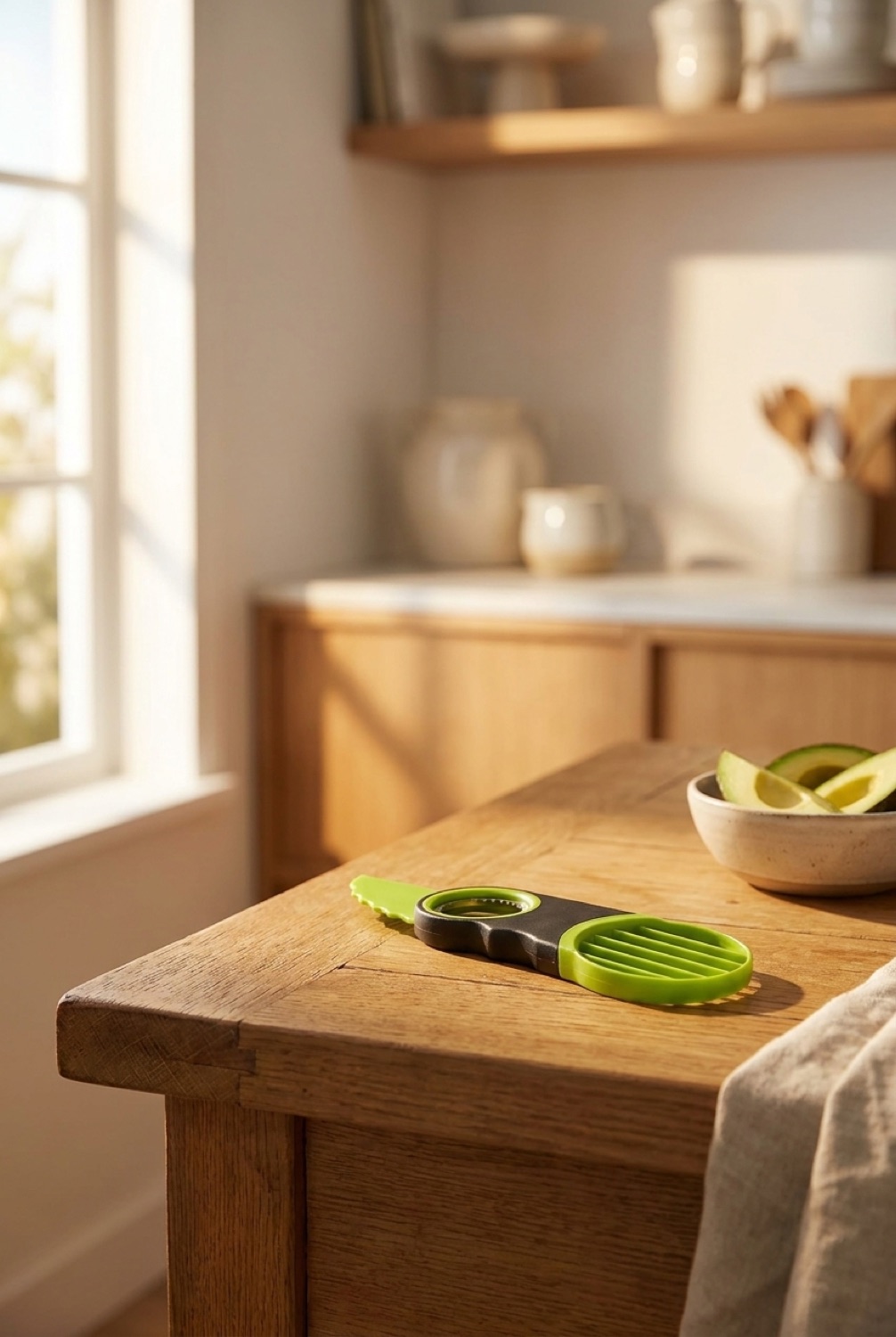 avocado slicer on a warm oak kitchen counter in soft golden-hour light