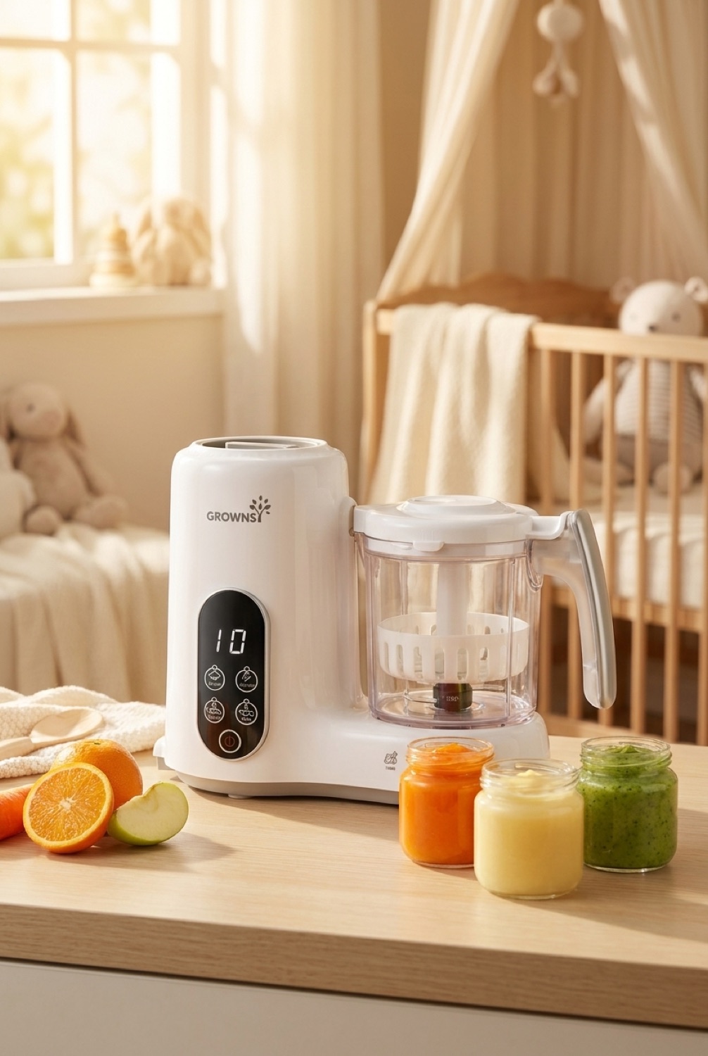 baby food maker in a calm soft nursery in soft golden-hour light