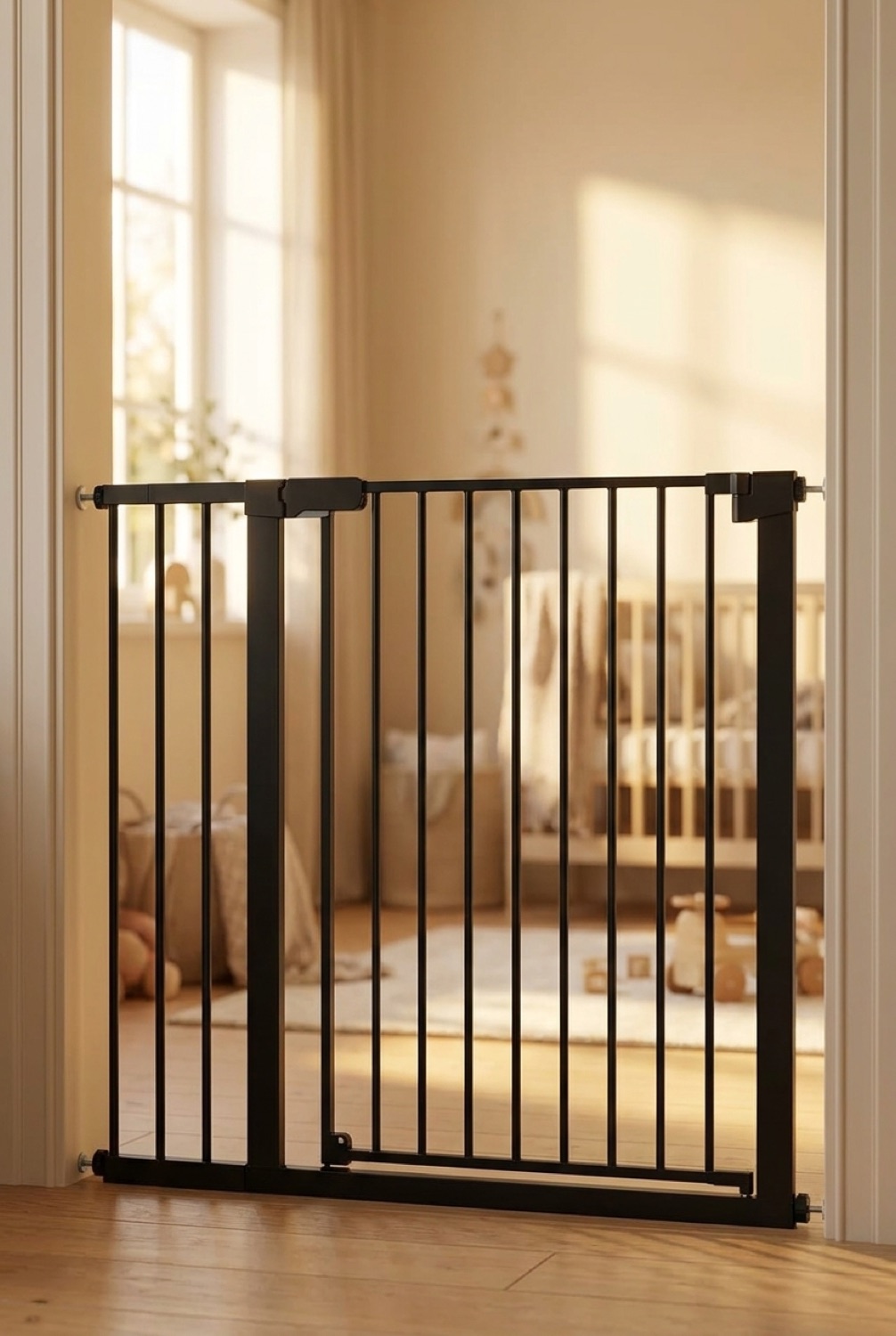 baby gate in a calm soft nursery in soft golden-hour light