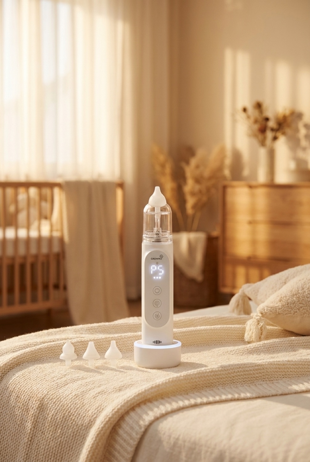baby nasal aspirator in a calm soft nursery in soft golden-hour light