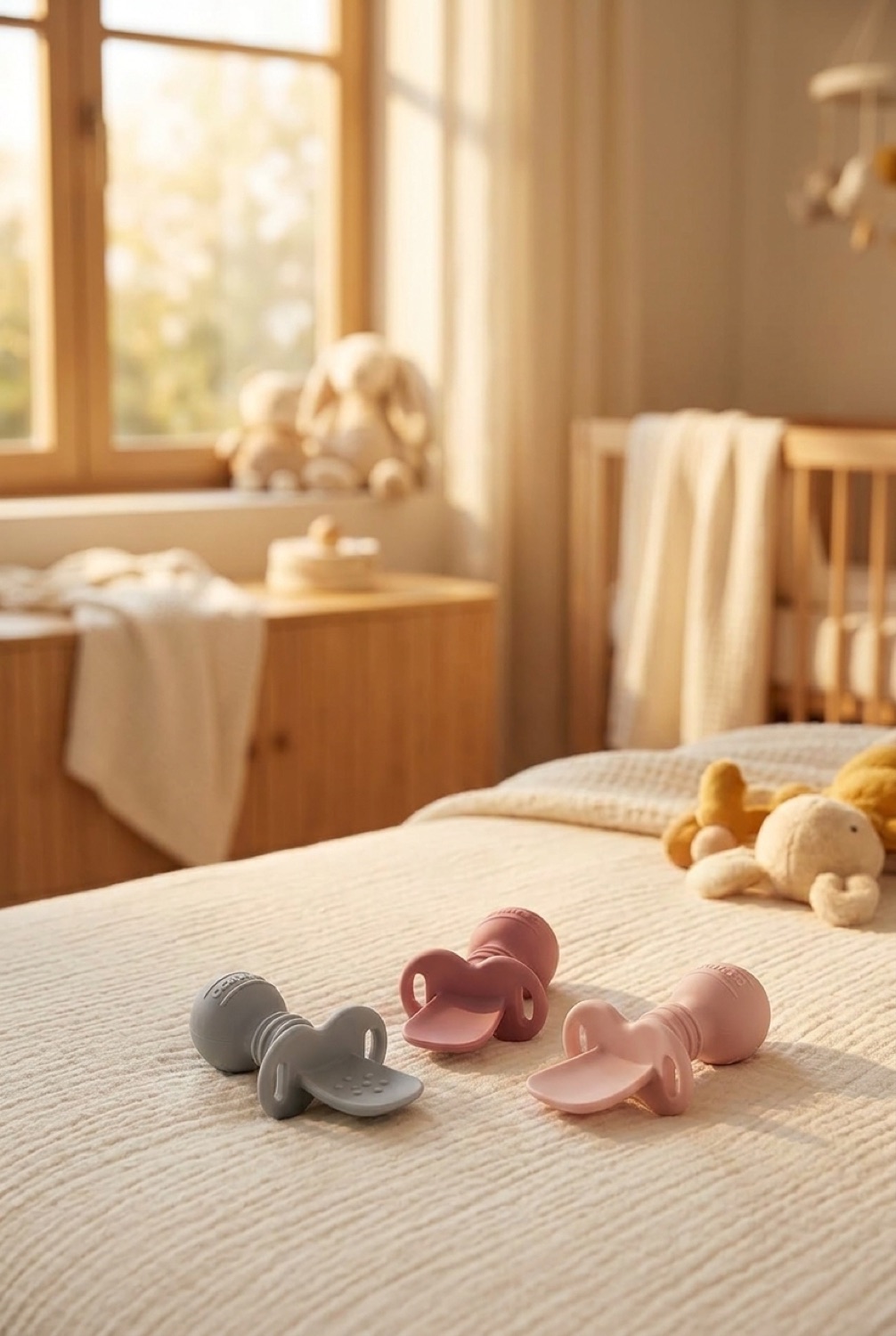 baby self-feeding spoons in a calm soft nursery in soft golden-hour light