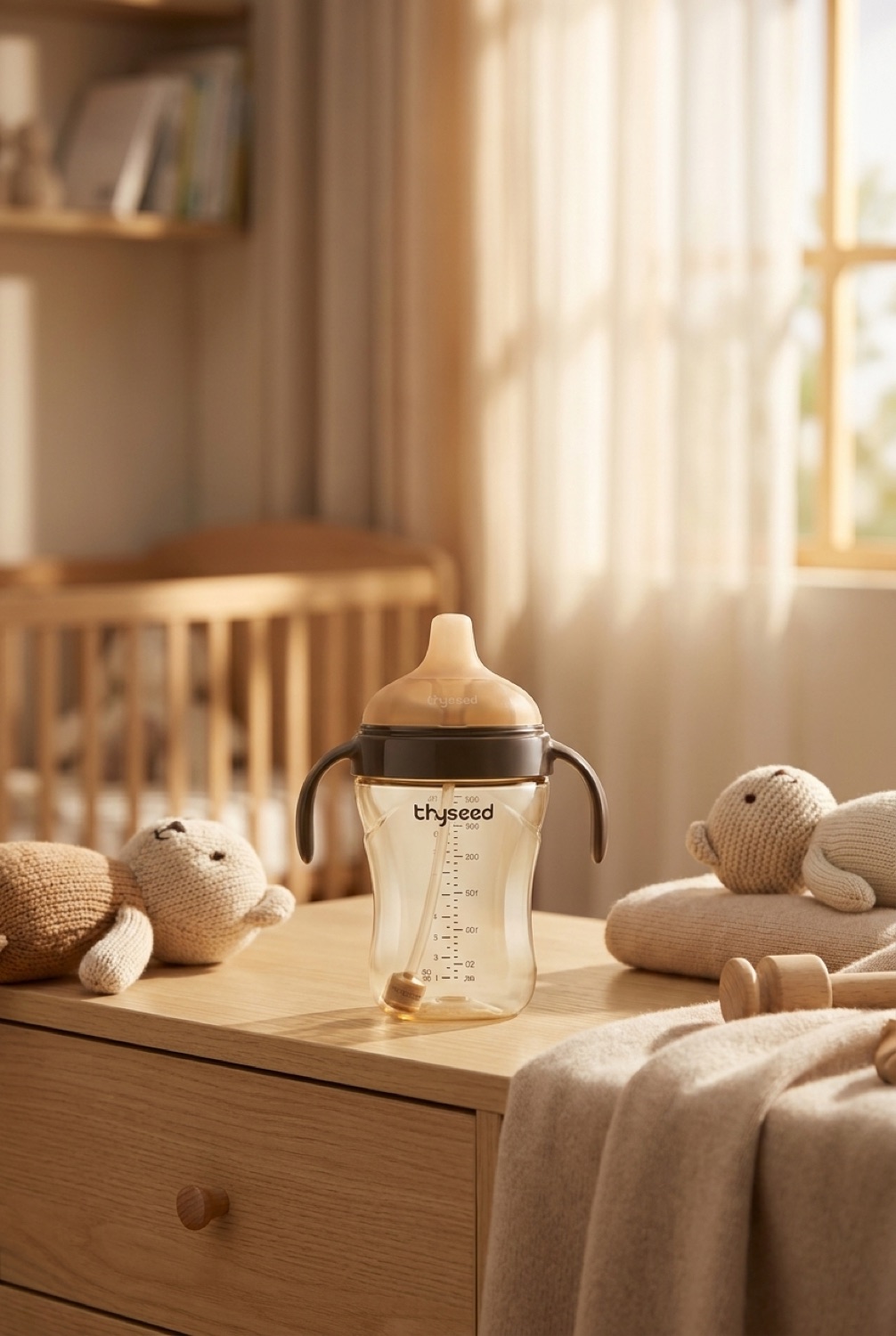 baby sippy cup in a calm soft nursery in soft golden-hour light