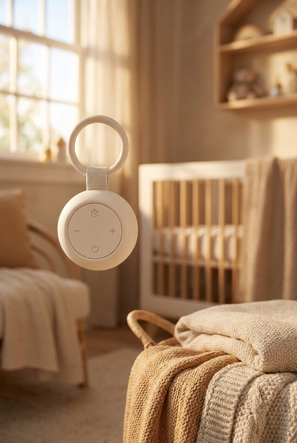baby sound machine in a calm soft nursery in soft golden-hour light