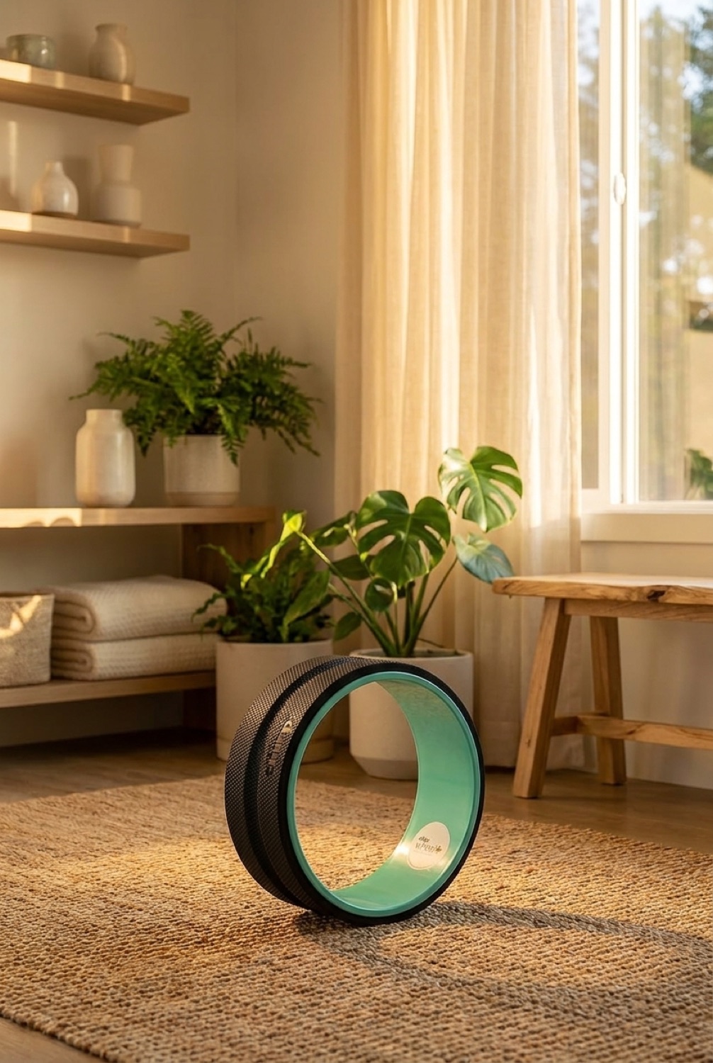 back roller wheel in a calm wellness corner in soft golden-hour light