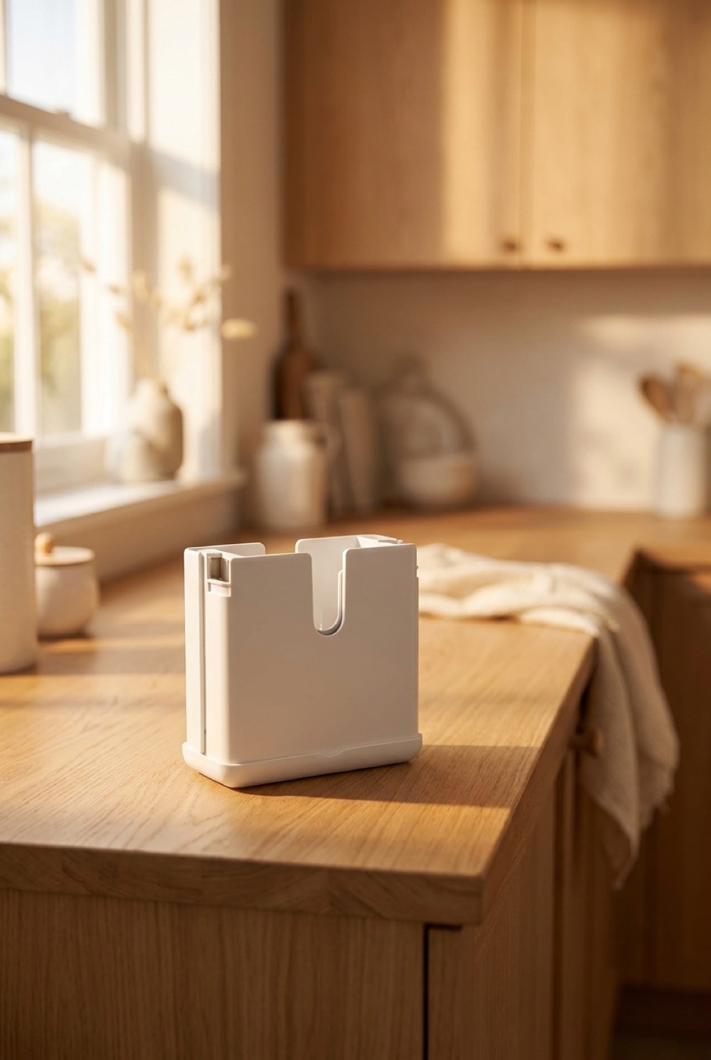 bagel slicer on a warm oak kitchen counter in soft golden-hour light