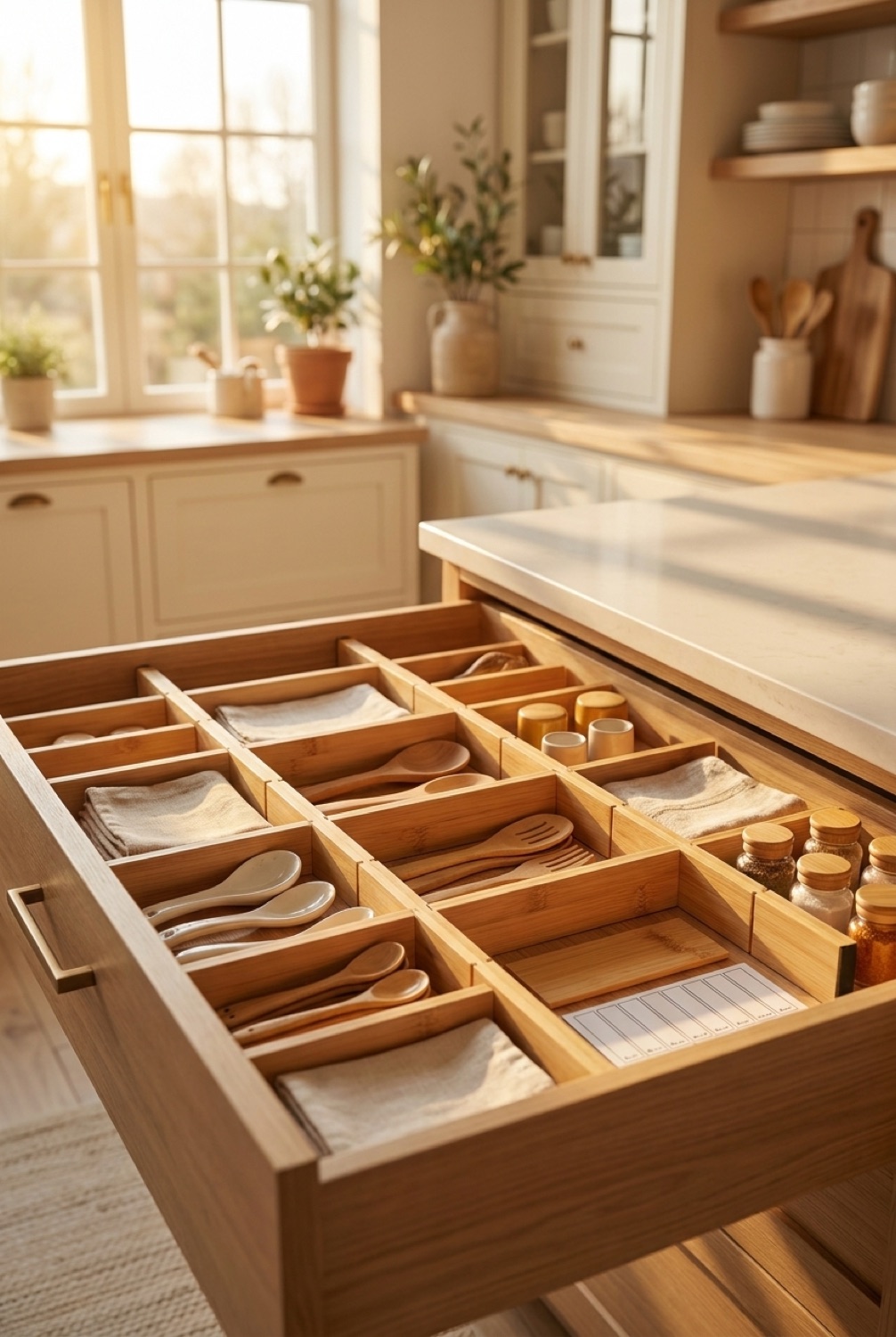 bamboo drawer organizer set neatly arranged in a tidy space in soft golden-hour light