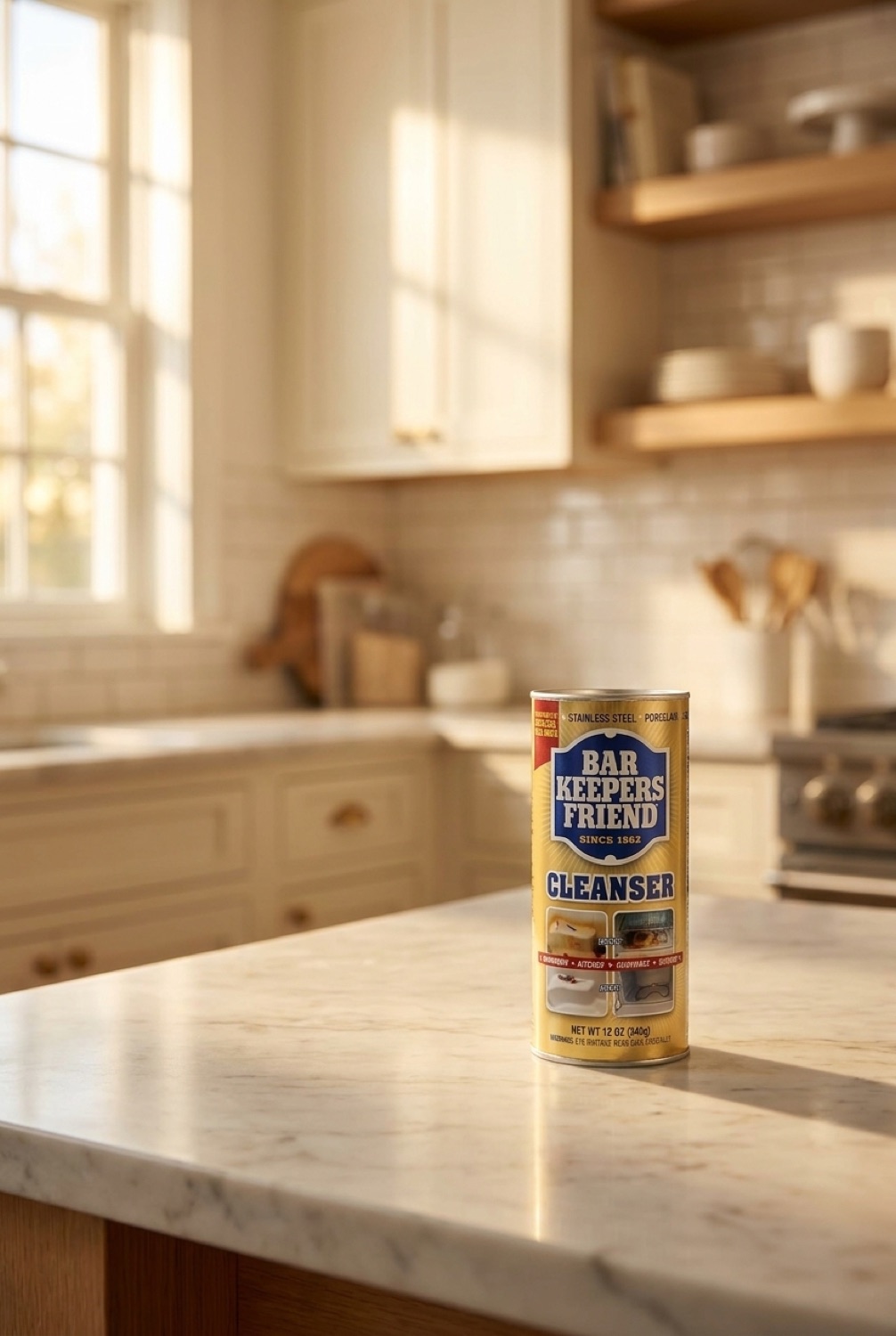 Bar Keepers Friend in a bright spotless home in soft golden-hour light