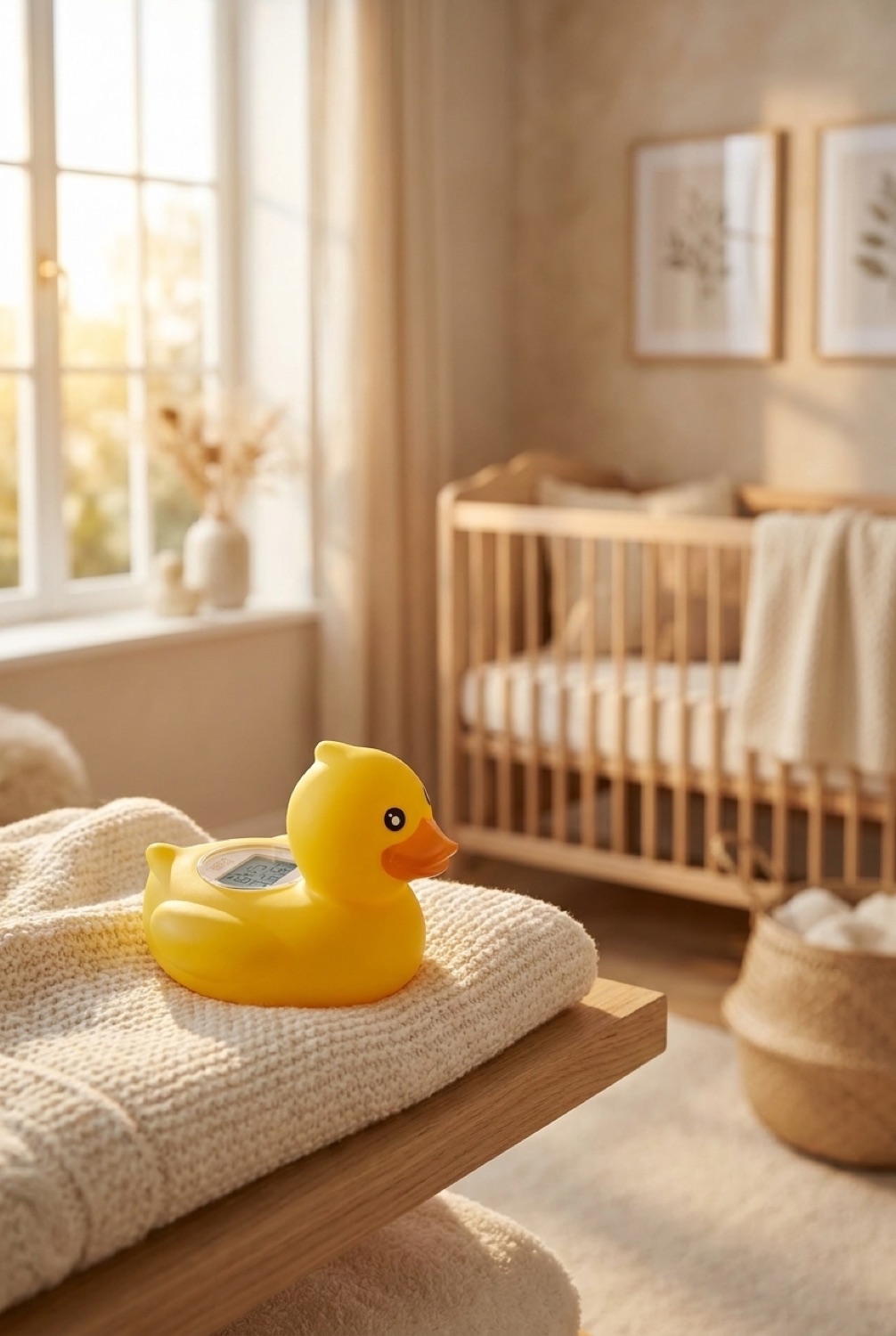 bath duck thermometer in a calm soft nursery in soft golden-hour light