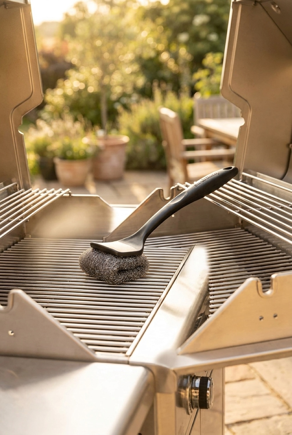Bbq Daddy Grill Brush in a sunny calm garden in soft golden-hour light