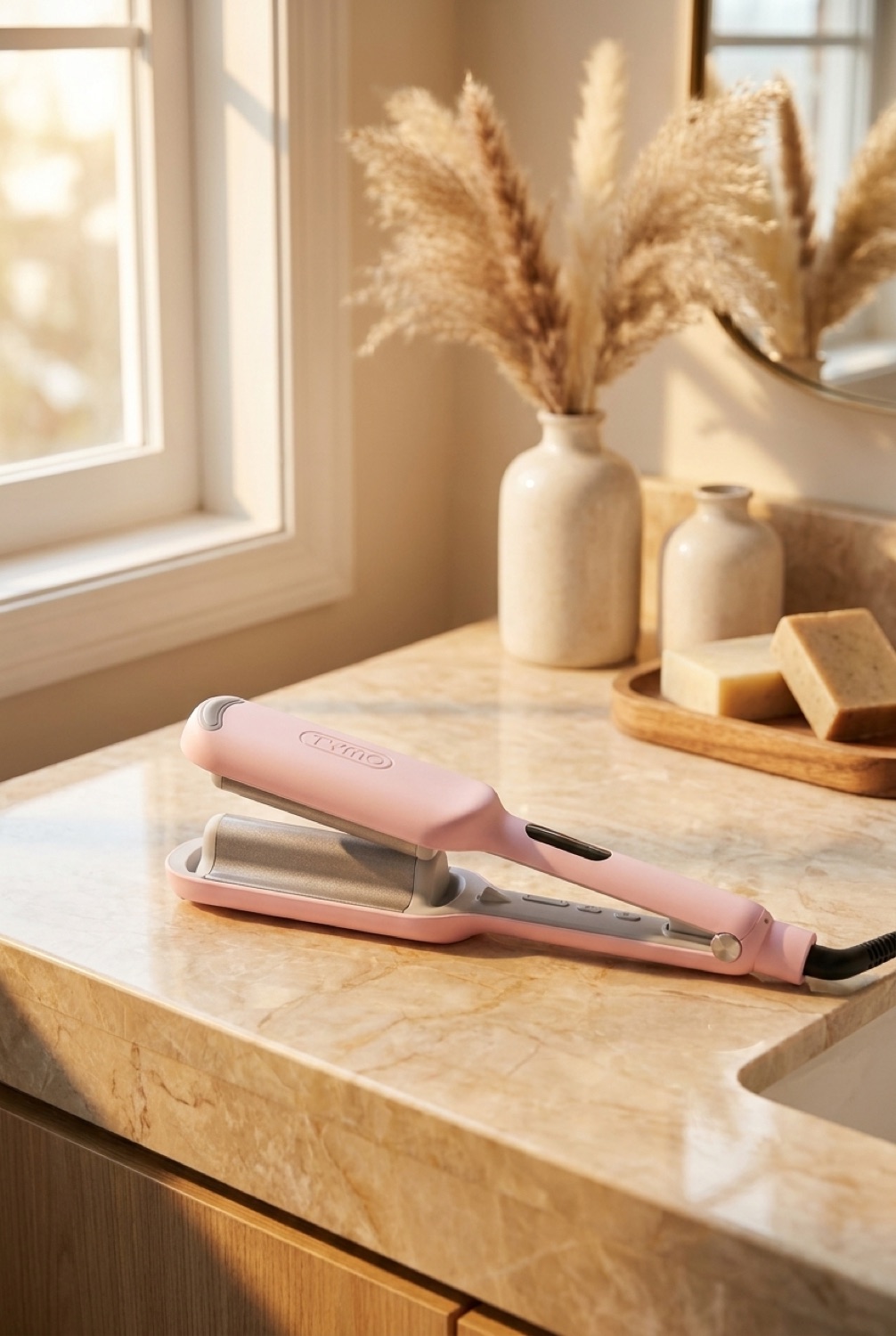 beach waves curling wand on a calm bathroom vanity in soft golden-hour light