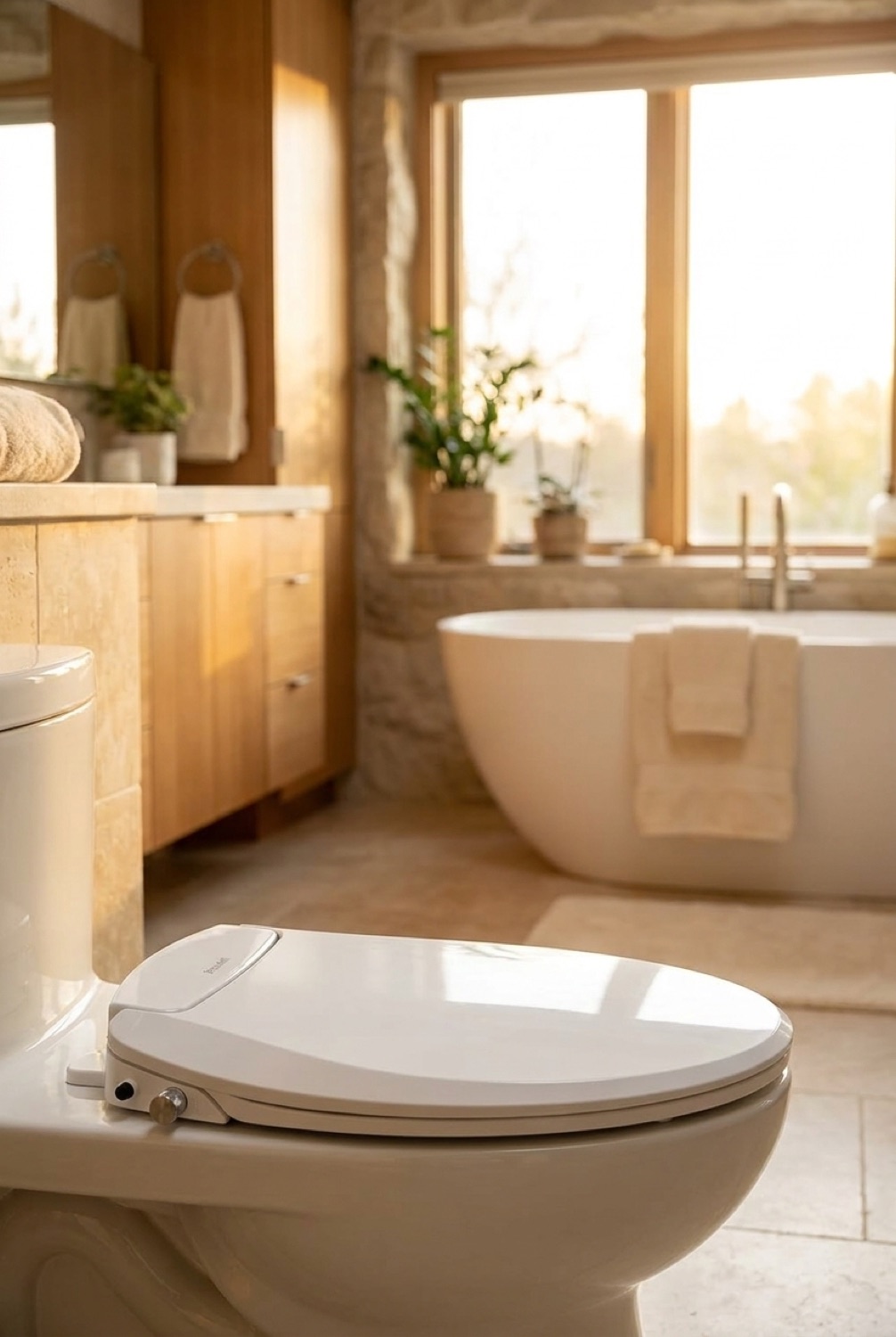 bidet toilet seat in a serene spa-like bathroom in soft golden-hour light