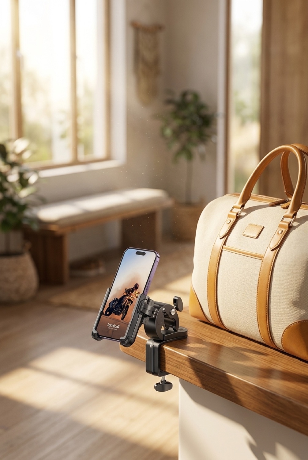 bike phone mount beside a packed bag in a bright entryway in soft golden-hour light