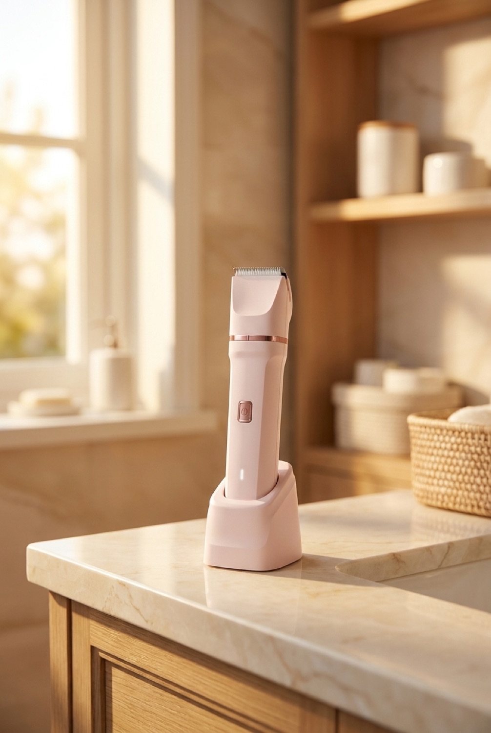 bikini trimmer on a calm bathroom vanity in soft golden-hour light