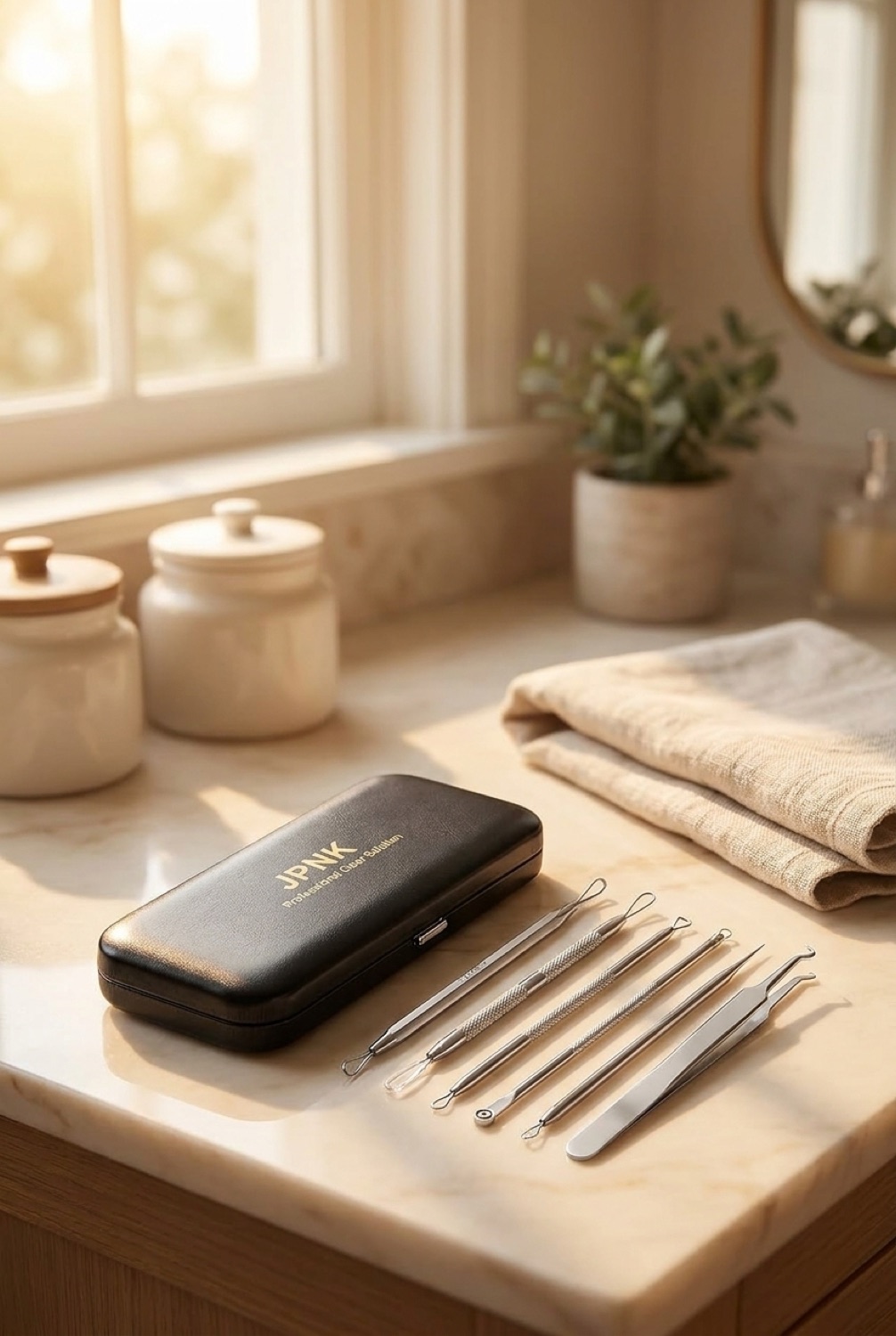 blackhead remover kit on a calm bathroom vanity in soft golden-hour light