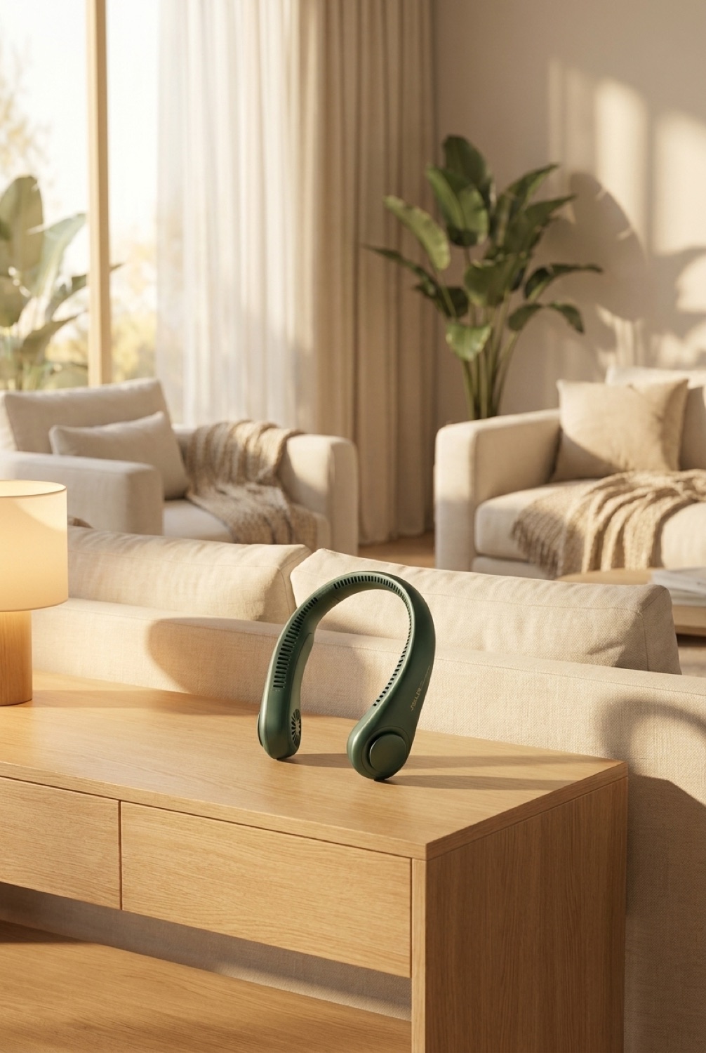 bladeless neck fan on a clean modern console in soft golden-hour light