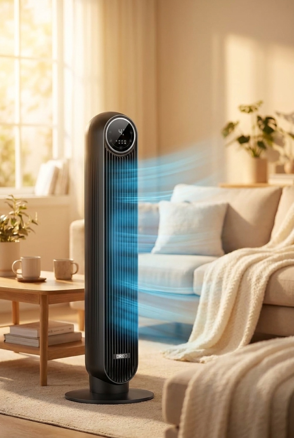 bladeless tower fan in a warm cosy living room in soft golden-hour light