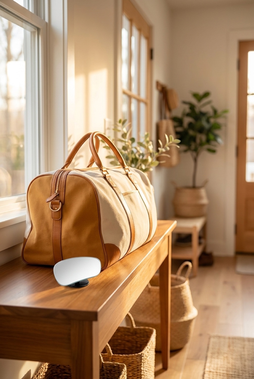 blind spot mirror beside a packed bag in a bright entryway in soft golden-hour light