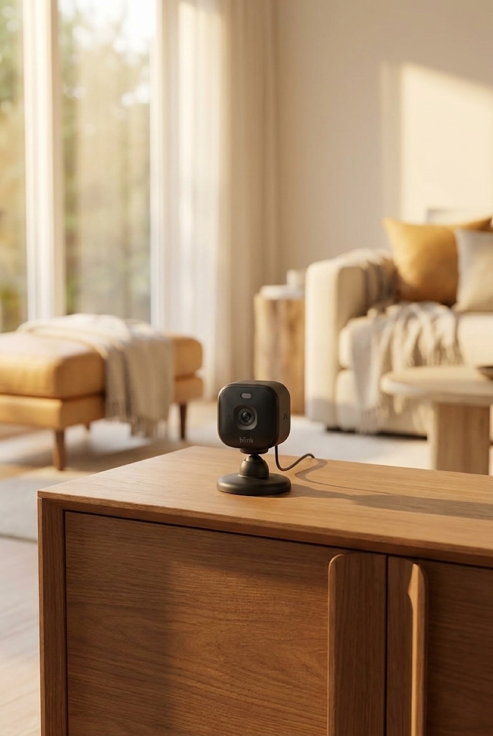Blink Mini camera on a clean modern console in soft golden-hour light