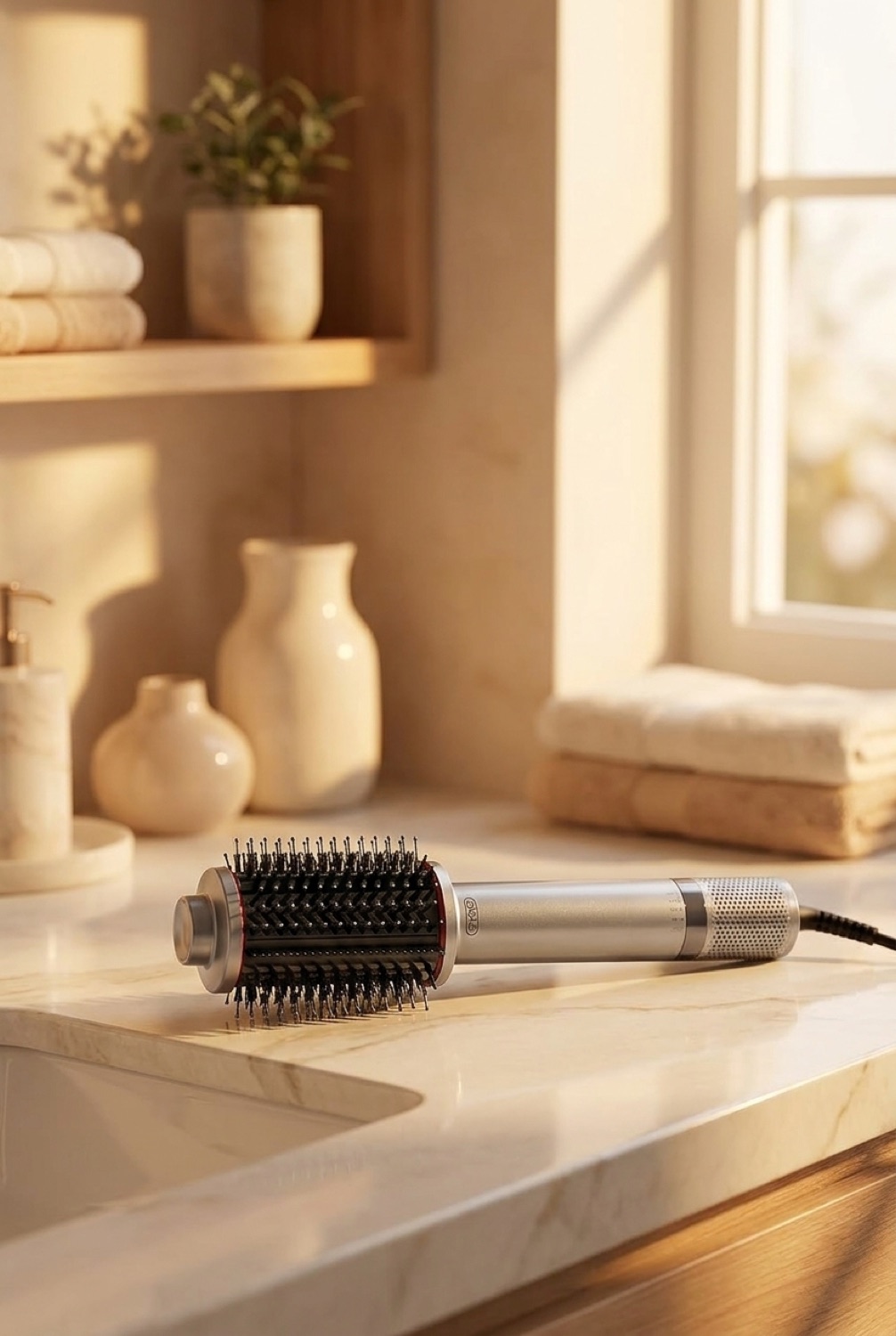 blow dryer brush on a calm bathroom vanity in soft golden-hour light