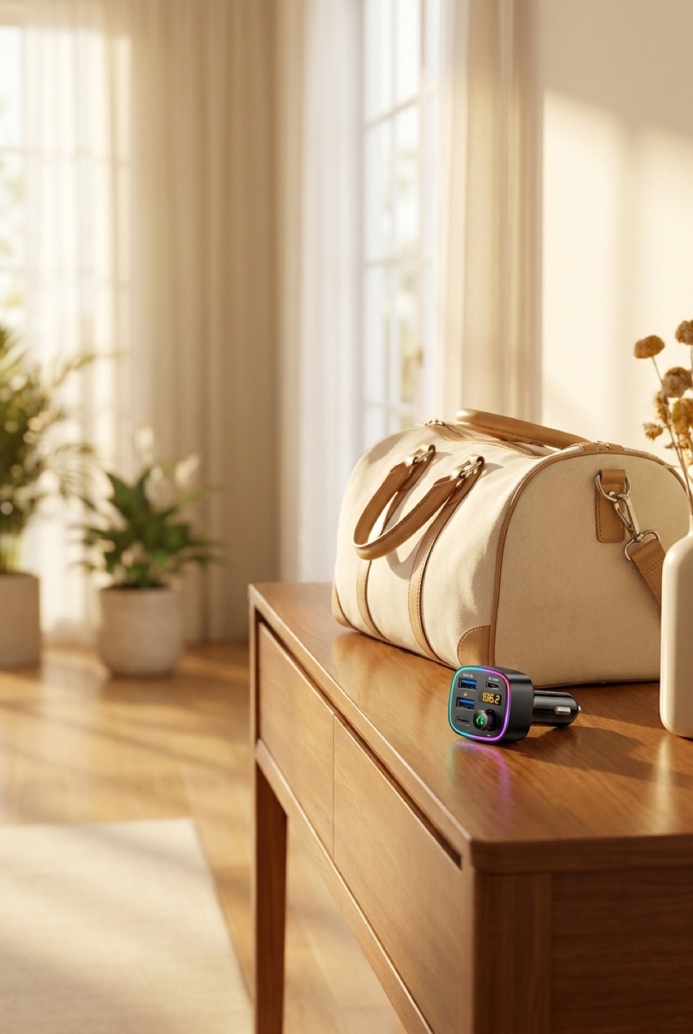 Bluetooth FM transmitter beside a packed bag in a bright entryway in soft golden-hour light