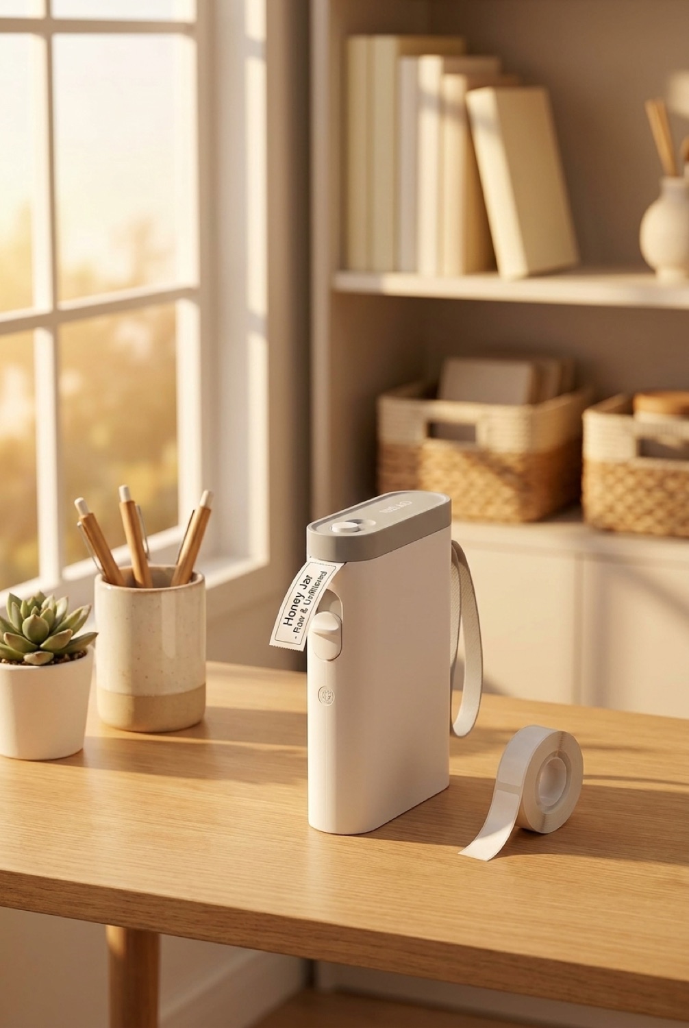 Bluetooth Label Maker in a calm organised home in soft golden-hour light