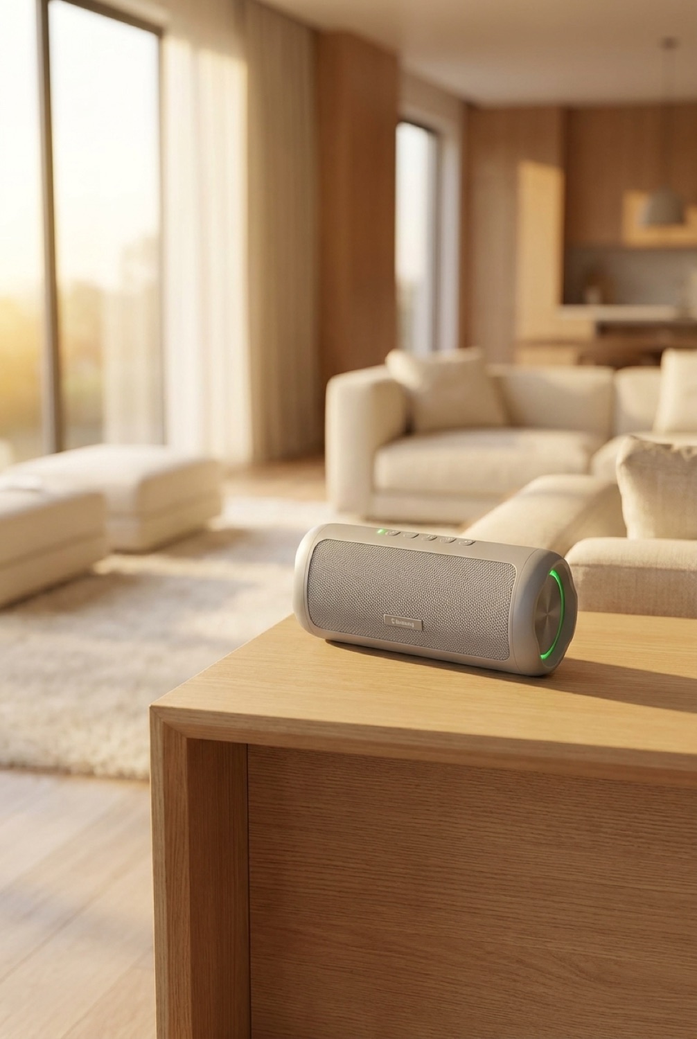 bluetooth speaker on a clean modern console in soft golden-hour light