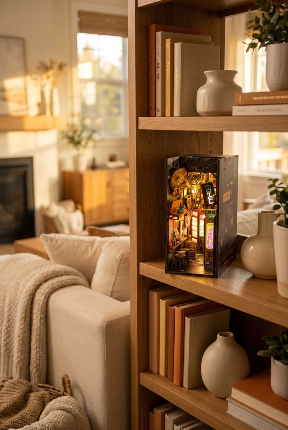 Book Nook Kit in a calm living room in soft golden-hour light