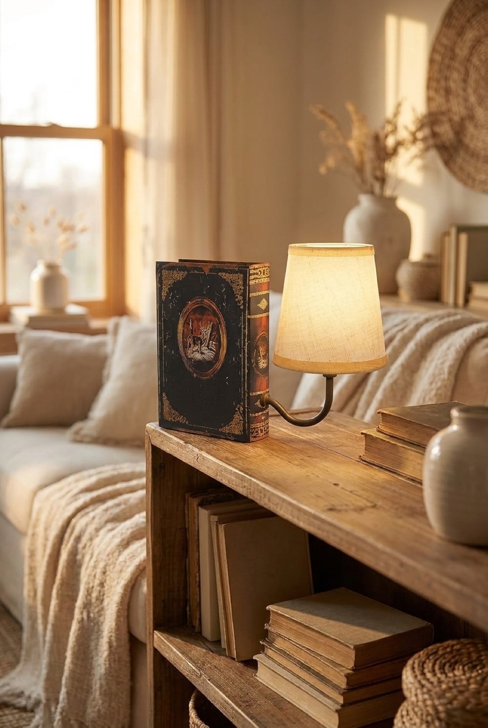 Bookshelf Lamp in a calm living room in soft golden-hour light