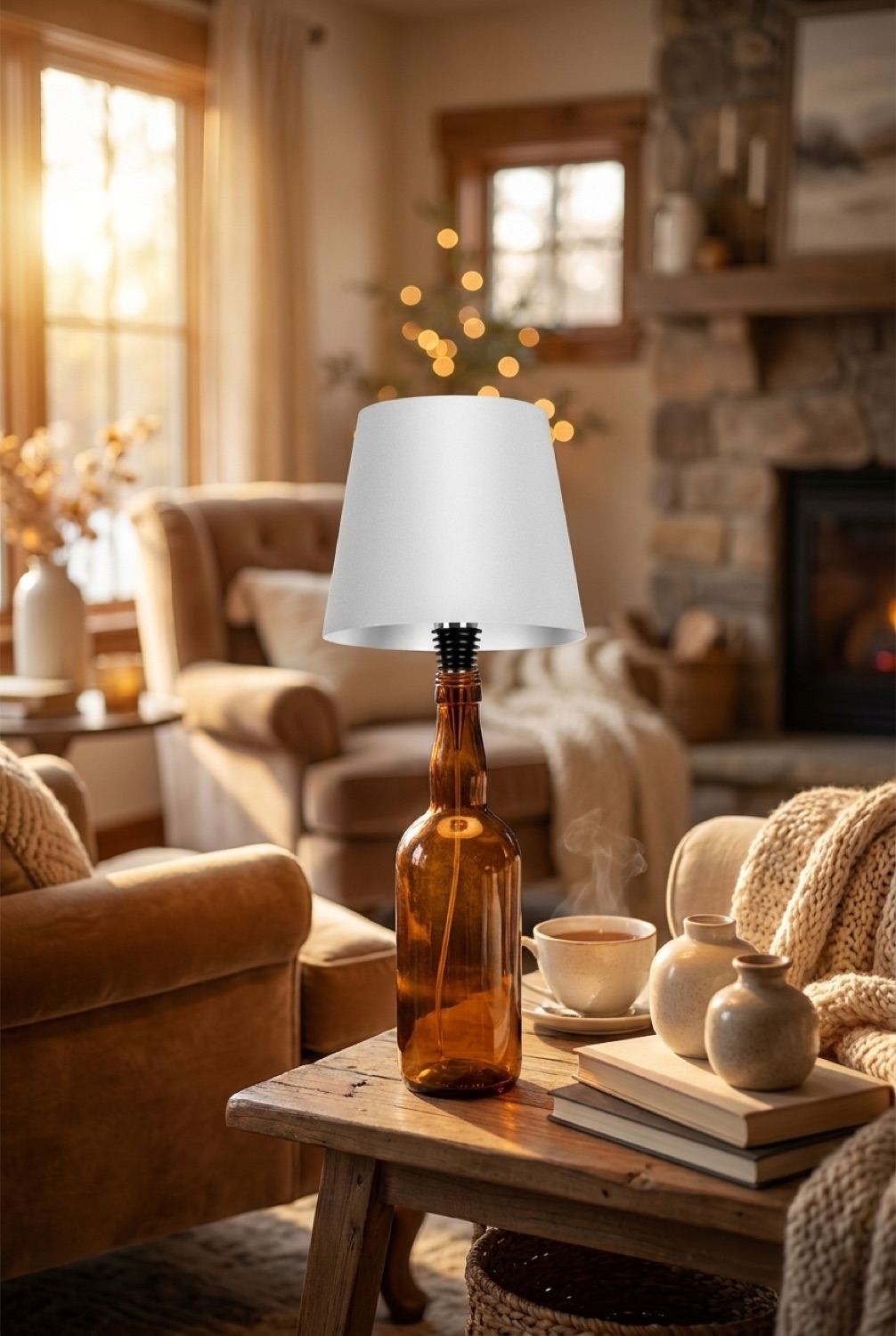 bottle lamp in a warm cosy living room in soft golden-hour light