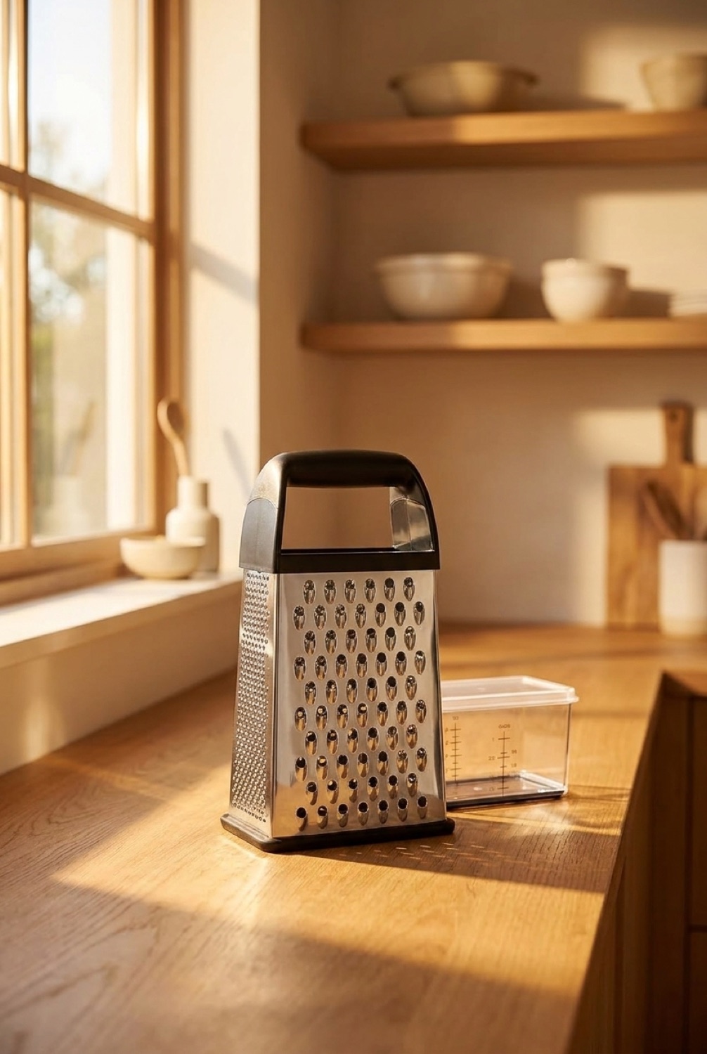 box grater on a warm oak kitchen counter in soft golden-hour light